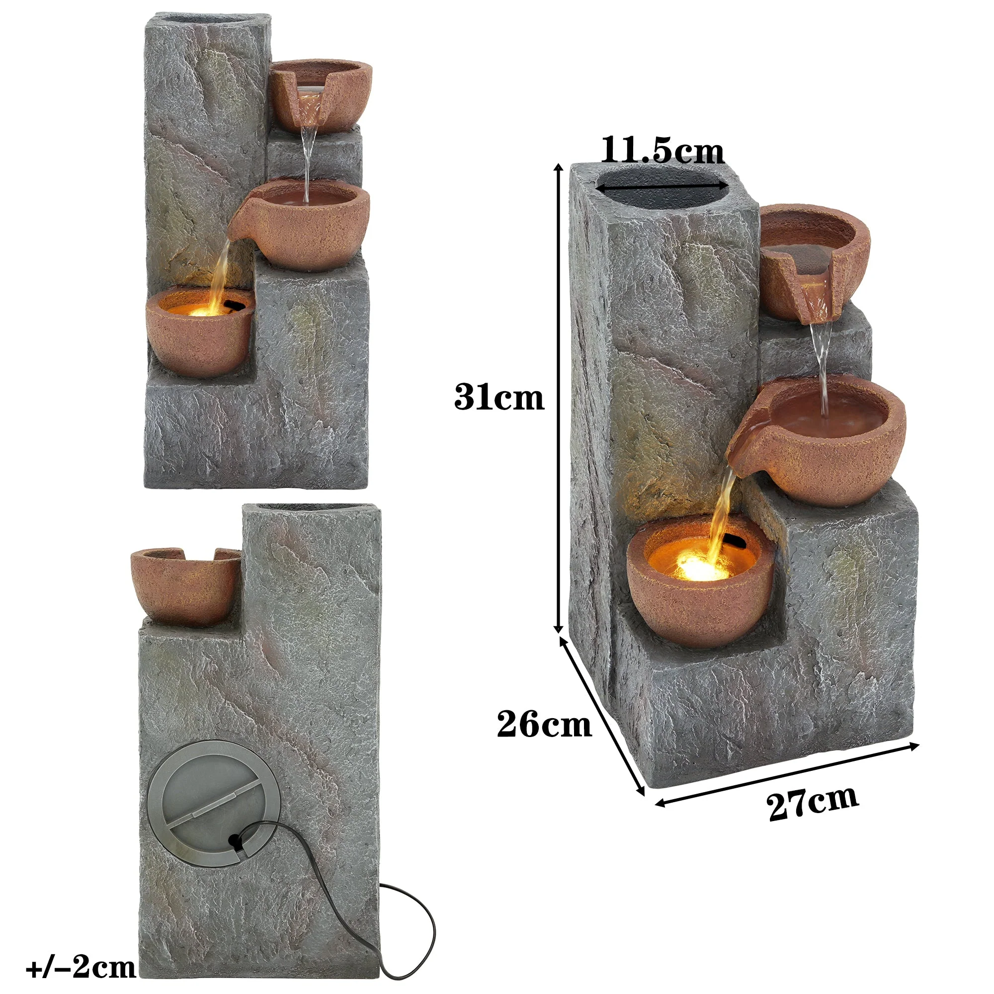 Garden Fountain with Three-Tier Waterfall and Antique Standing Basin, 230V Metal Finish - Image 4