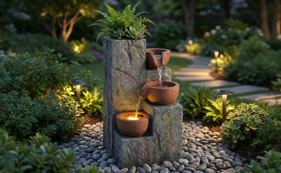 Garden Fountain with Three-Tier Waterfall and Antique Standing Basin, 230V Metal Finish - Image 8