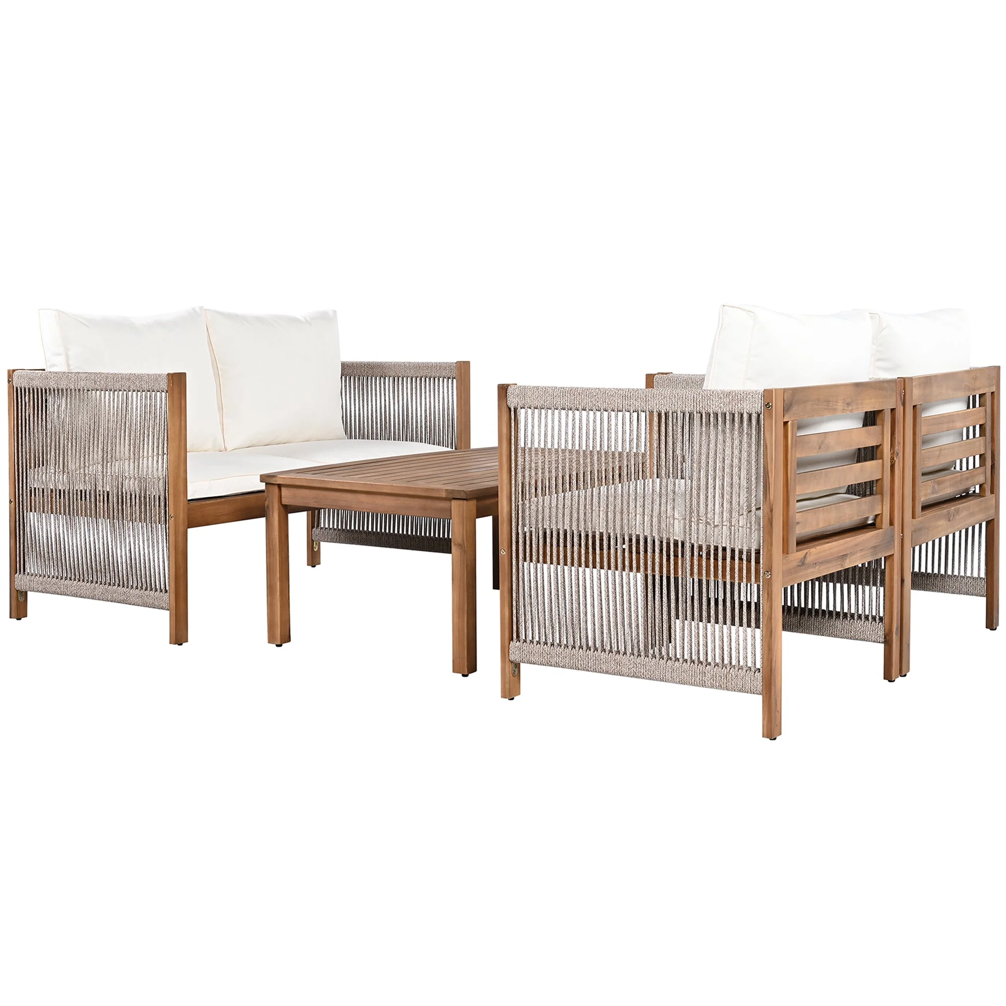 Garden Furniture Lounge Set with Double Sofa 2 Armchairs and Table, Acacia and Beige Rattan Look - Image 10