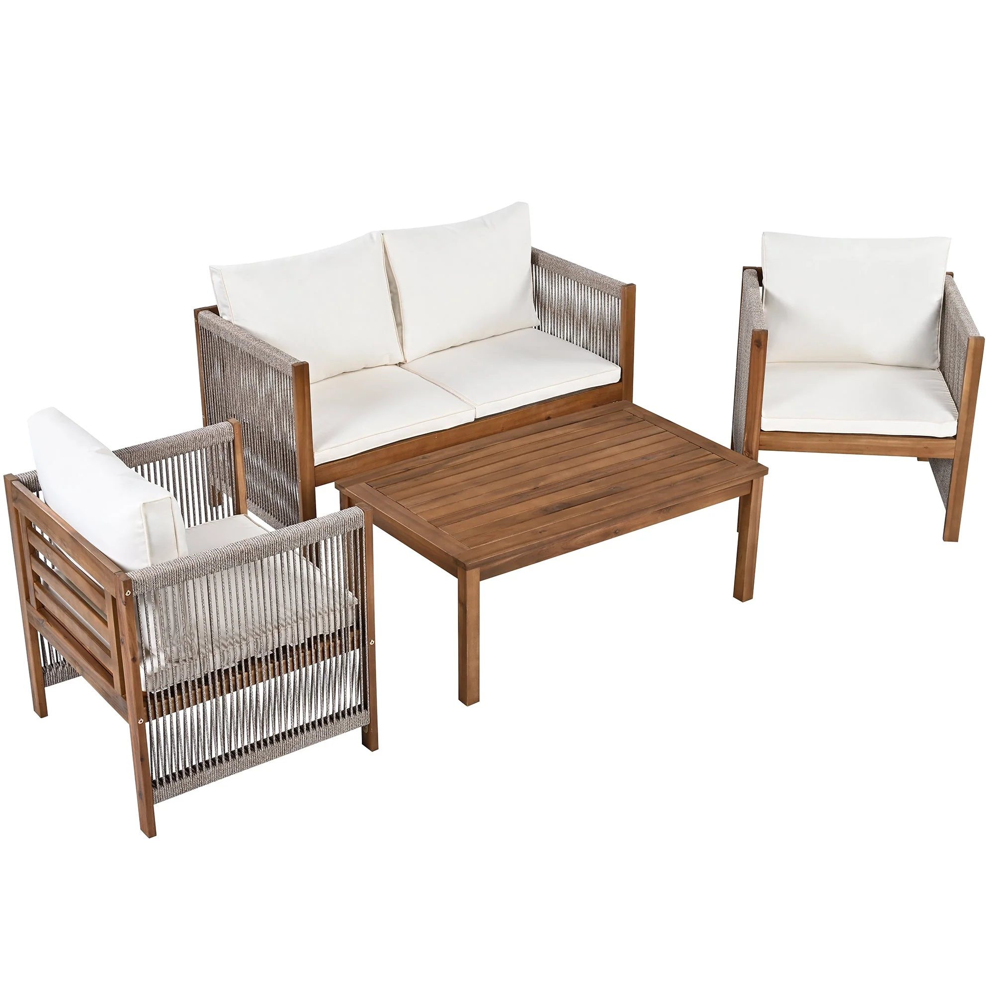 Garden Furniture Lounge Set with Double Sofa 2 Armchairs and Table, Acacia and Beige Rattan Look - Image 6