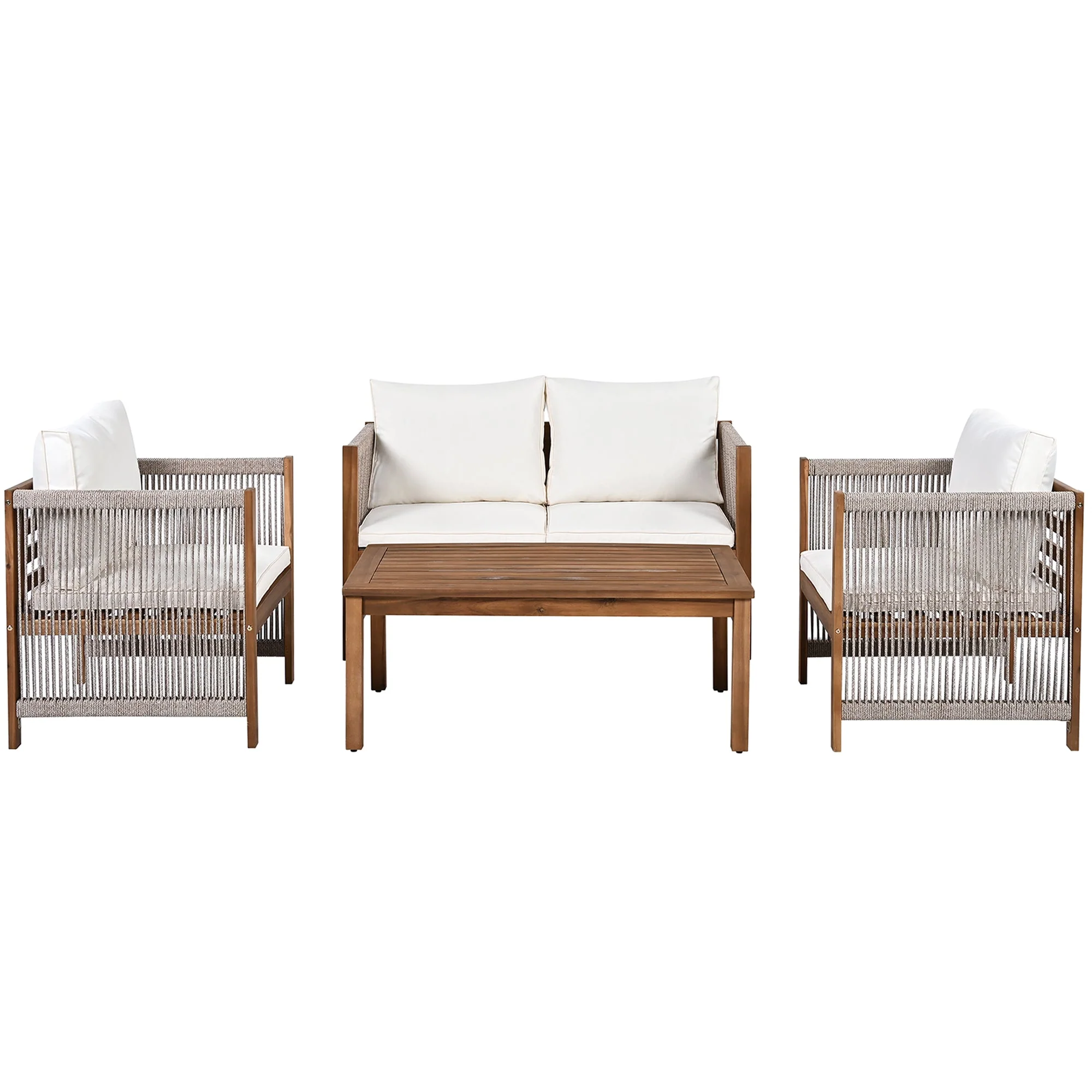 Garden Furniture Lounge Set with Double Sofa 2 Armchairs and Table, Acacia and Beige Rattan Look - Image 8