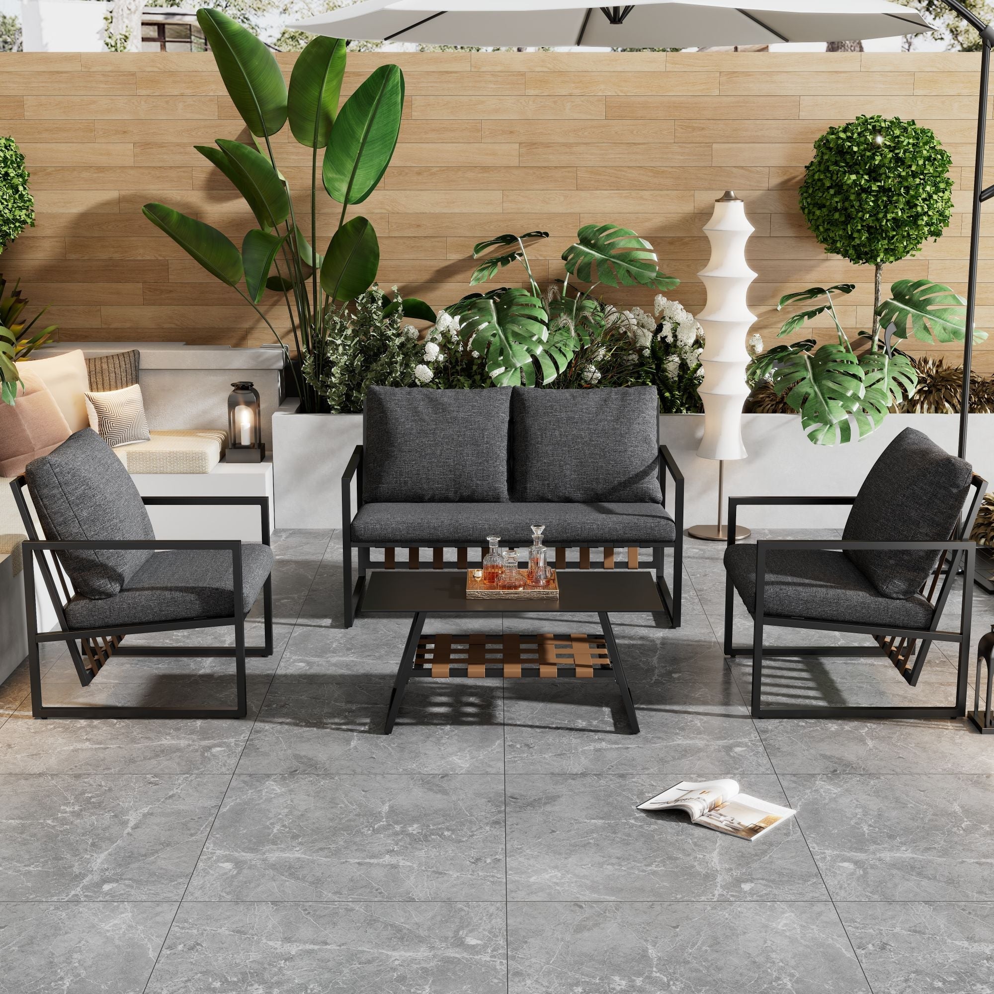 Garden Furniture Seating Set for 4 People with Sofa, Coffee Table and Cushions, Black - Image 10
