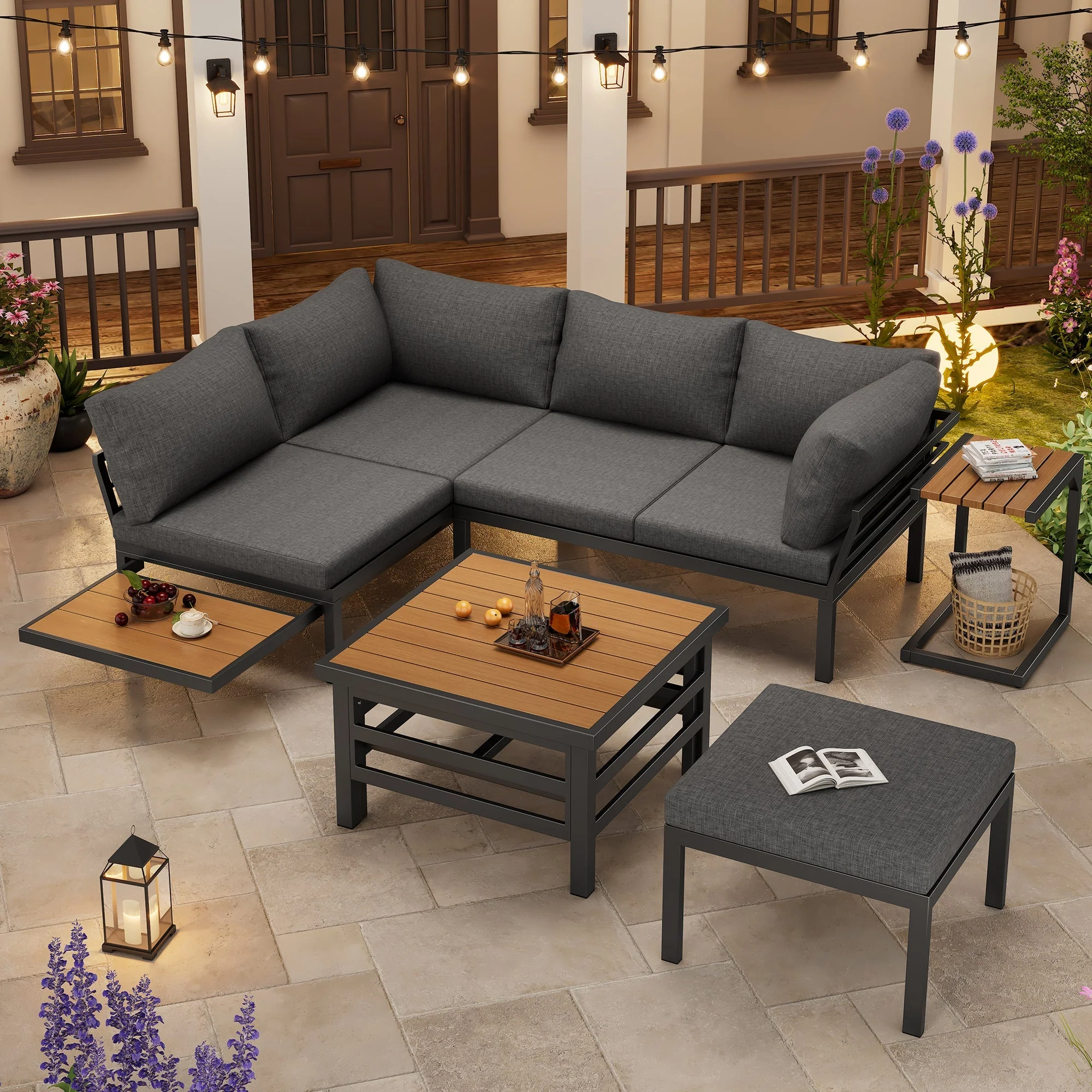 Garden Furniture Set - 2 Double Sofas, Footstool, Extendable Lift Table & Cushions - Galvanized Iron Frame