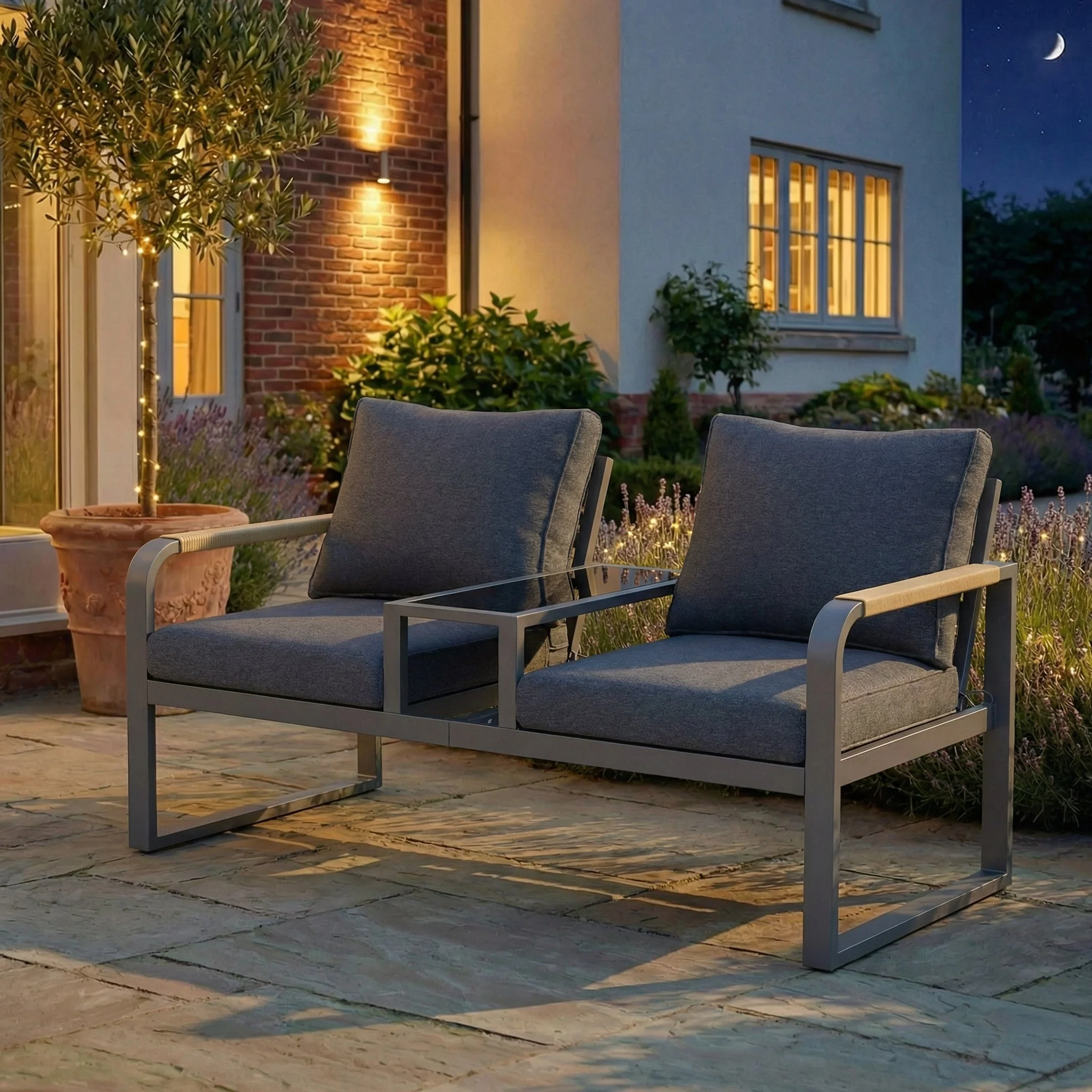Garden Furniture Set, 2-Seater Outdoor Sofa with Glass Top and Woven Armrests, Grey Galvanized Iron - Image 2