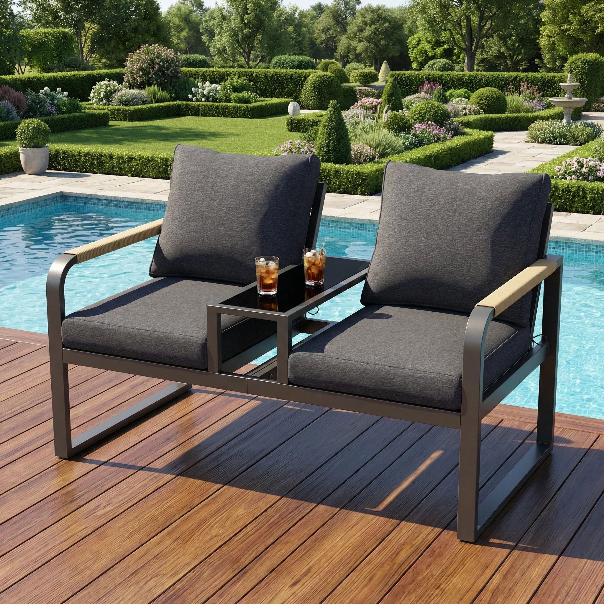 Garden Furniture Set, 2-Seater Outdoor Sofa with Glass Top and Woven Armrests, Grey Galvanized Iron - Image 3