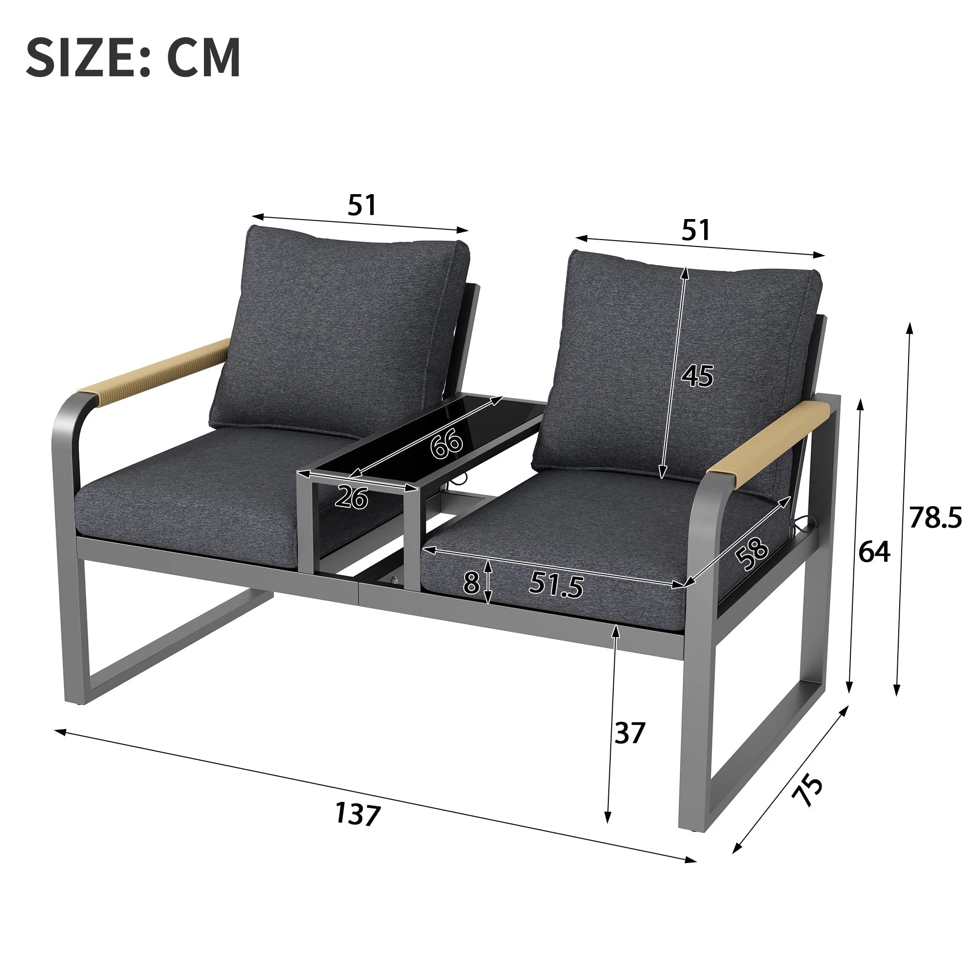Garden Furniture Set, 2-Seater Outdoor Sofa with Glass Top and Woven Armrests, Grey Galvanized Iron - Image 5