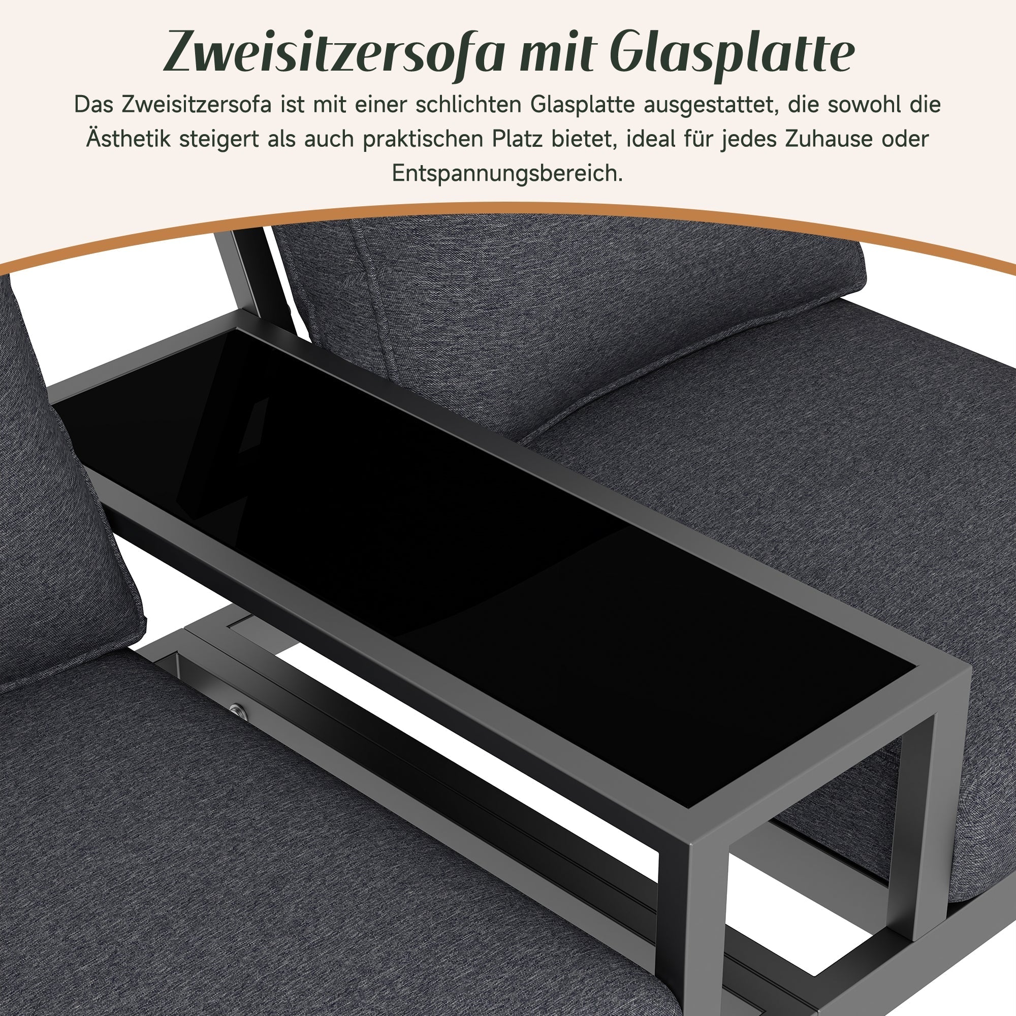 Garden Furniture Set, 2-Seater Outdoor Sofa with Glass Top and Woven Armrests, Grey Galvanized Iron - Image 7