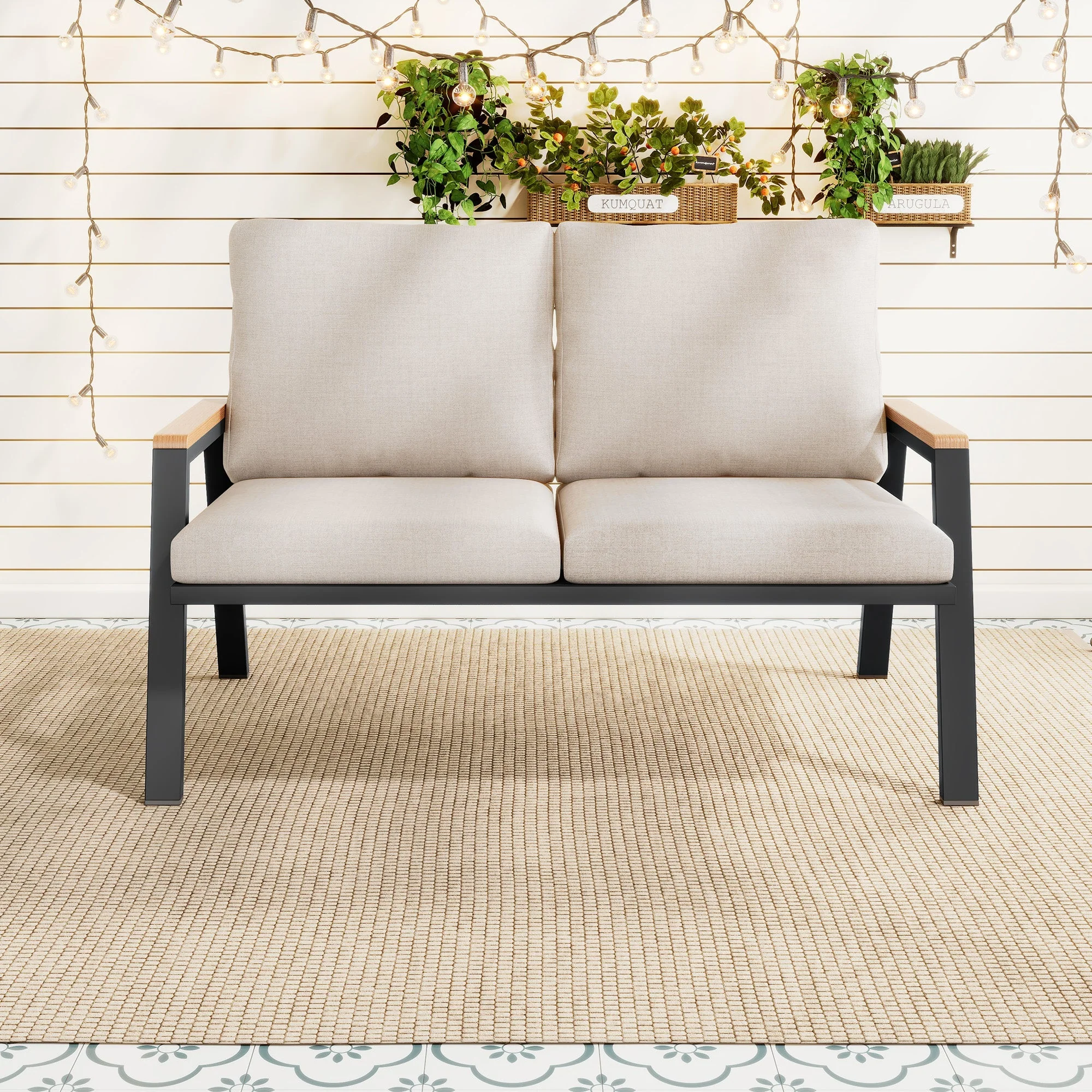 Garden Furniture Set, 2-Seater Outdoor Sofa with Wood-Plastic Composite Handrails, Grey-Beige Galvanized Steel - Image 2