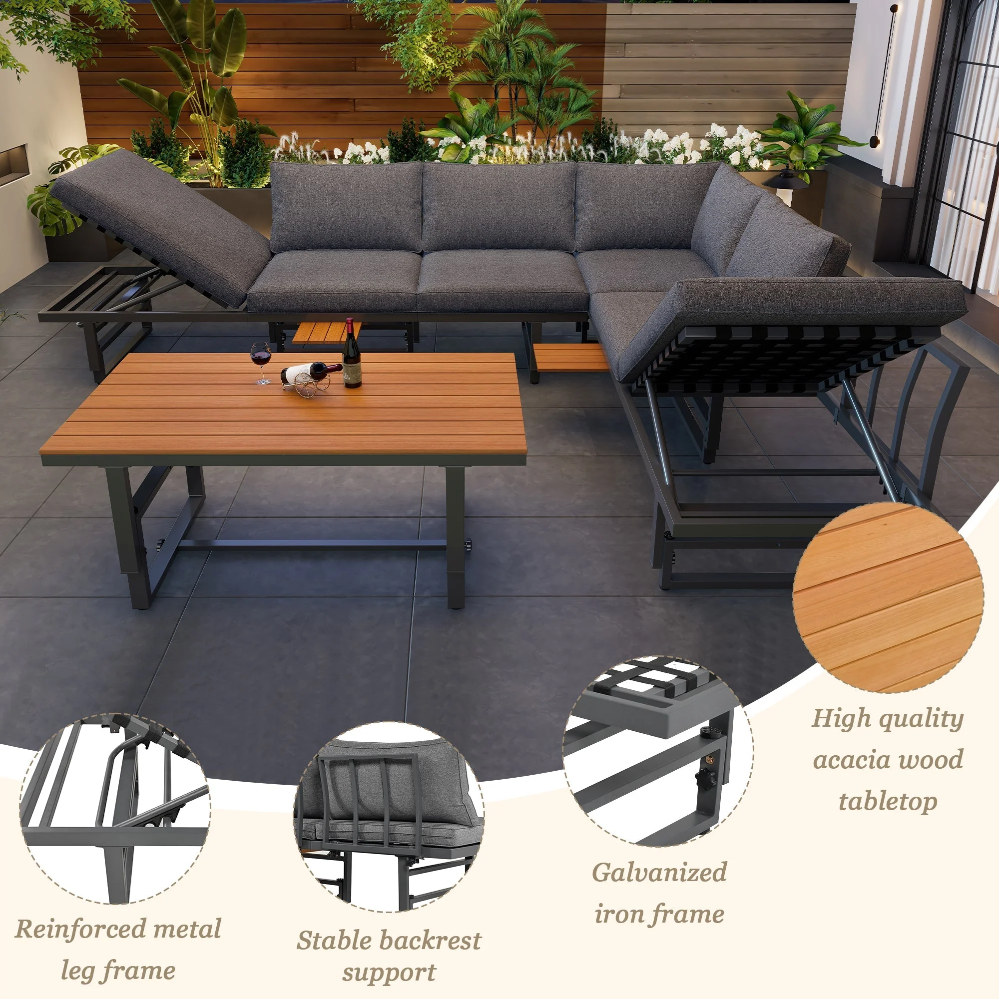 Garden Furniture Set 3-Piece 2 Sofas Table Adjustable Backrest Acacia Wood Grey - Image 9