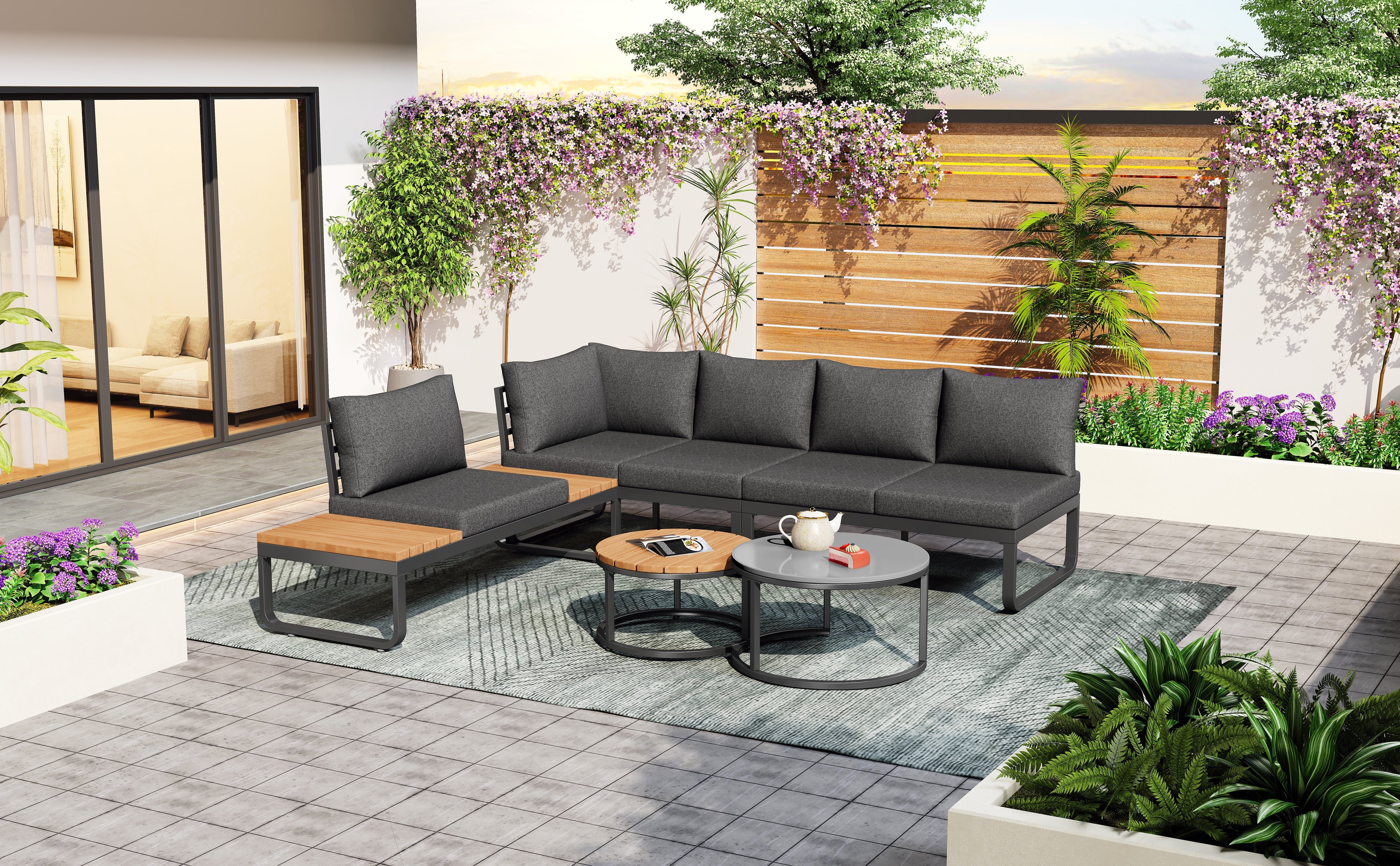 Garden Furniture Set 4-5 Seater with 2 Stackable Coffee Tables Adjustable Legs Galvanized Iron Grey - Image 4