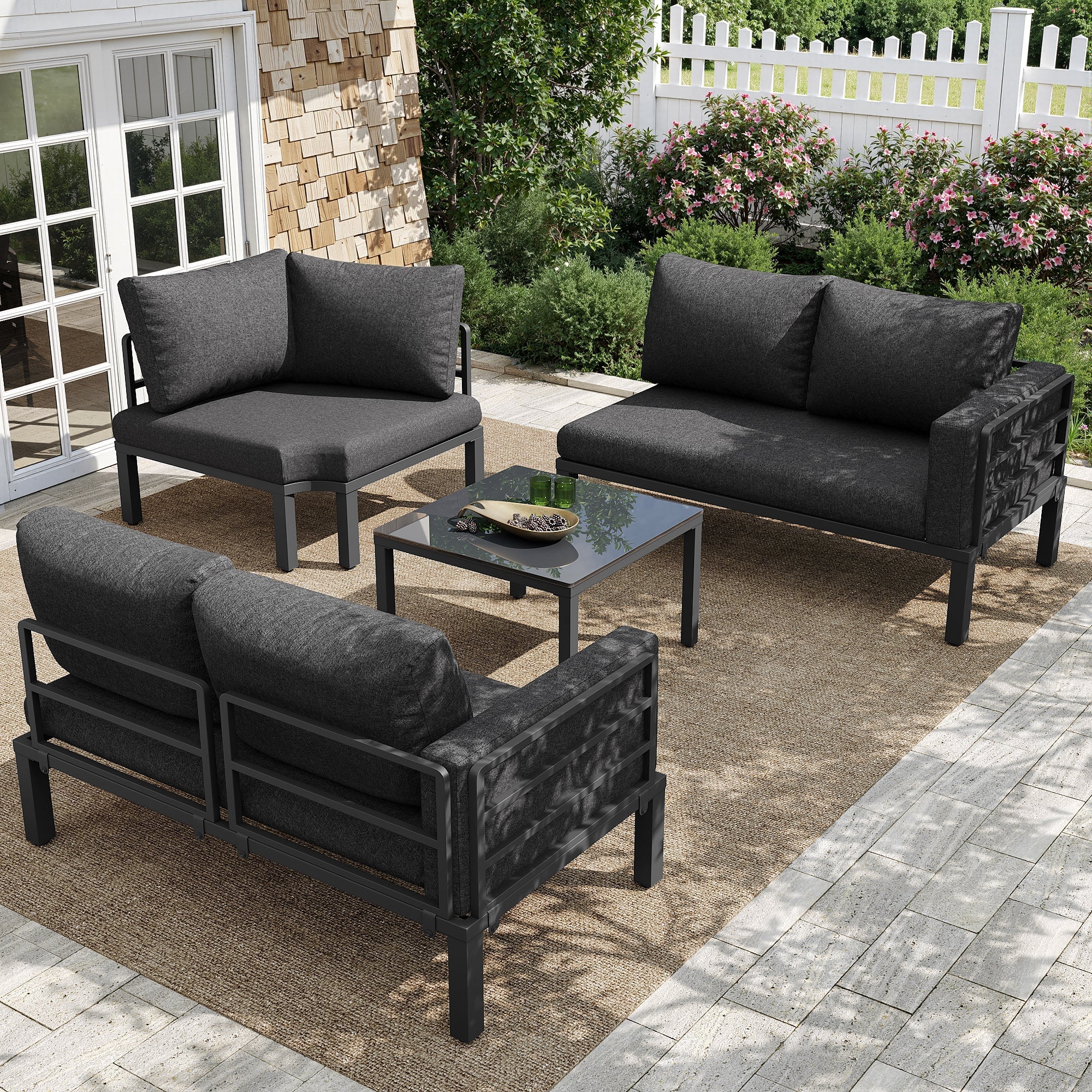 Garden Furniture Set 4-5 Seater with Tempered Glass Coffee Table Adjustable Legs Galvanized Iron Grey Cushions - Image 3