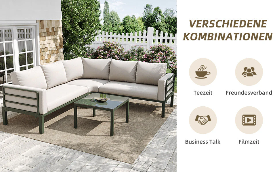 Garden Furniture Set 4-5 Seater with Tempered Glass Coffee Table Adjustable Legs - Green Iron/Beige Cushions - Image 10