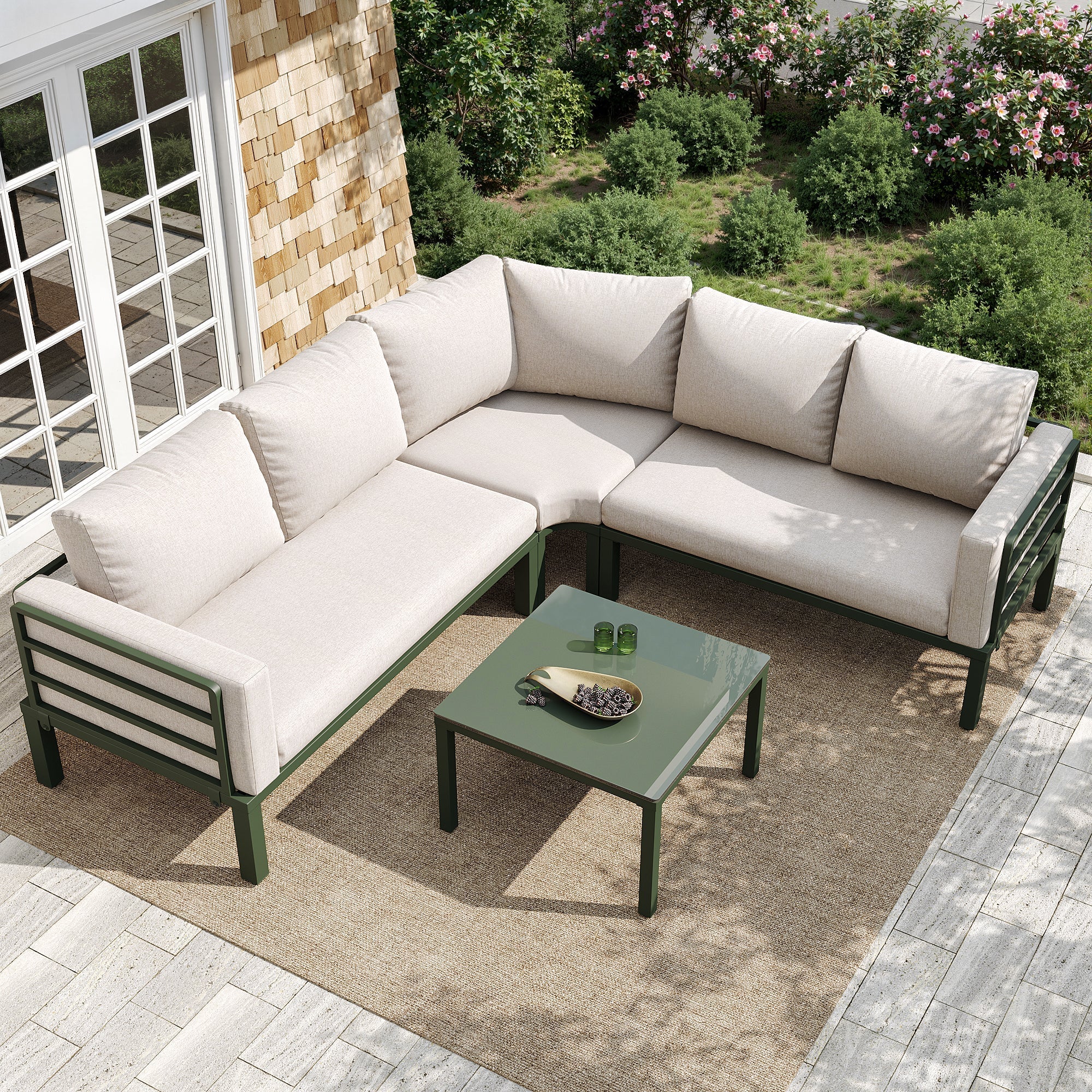 Garden Furniture Set 4-5 Seater with Tempered Glass Coffee Table Adjustable Legs - Green Iron/Beige Cushions - Image 3