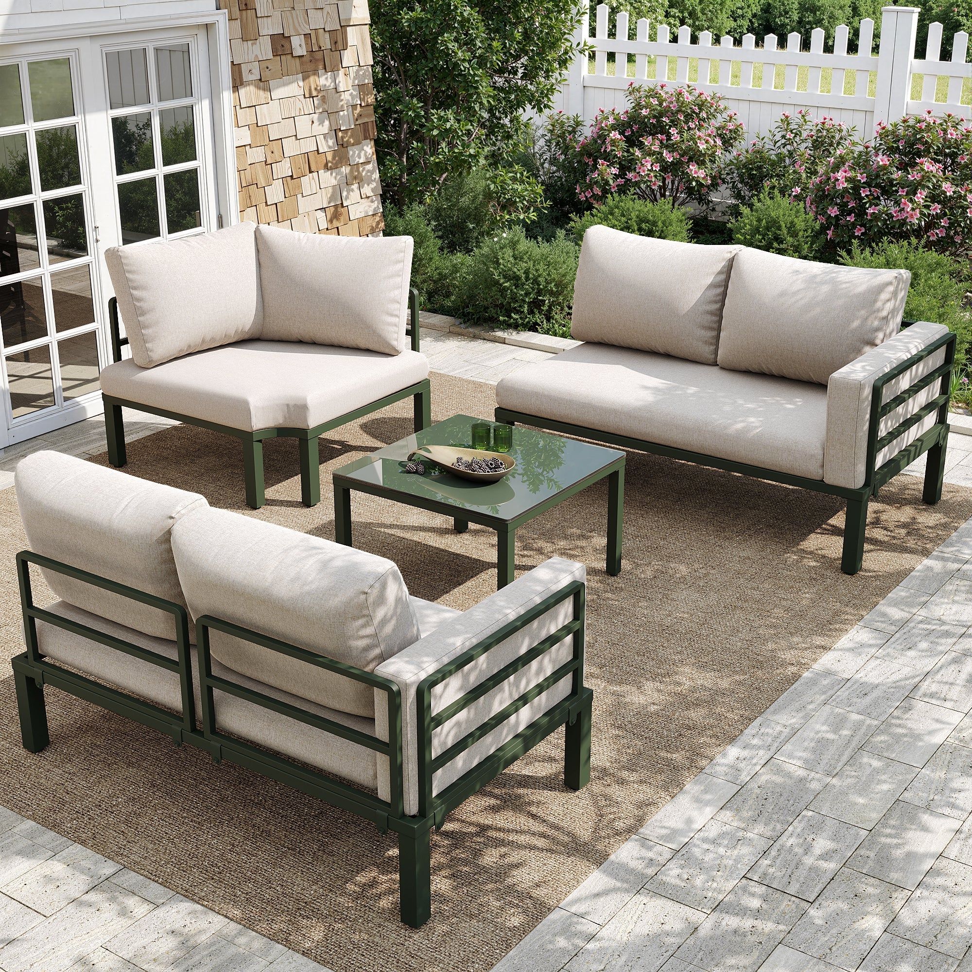 Garden Furniture Set 4-5 Seater with Tempered Glass Coffee Table Adjustable Legs - Green Iron/Beige Cushions - Image 4