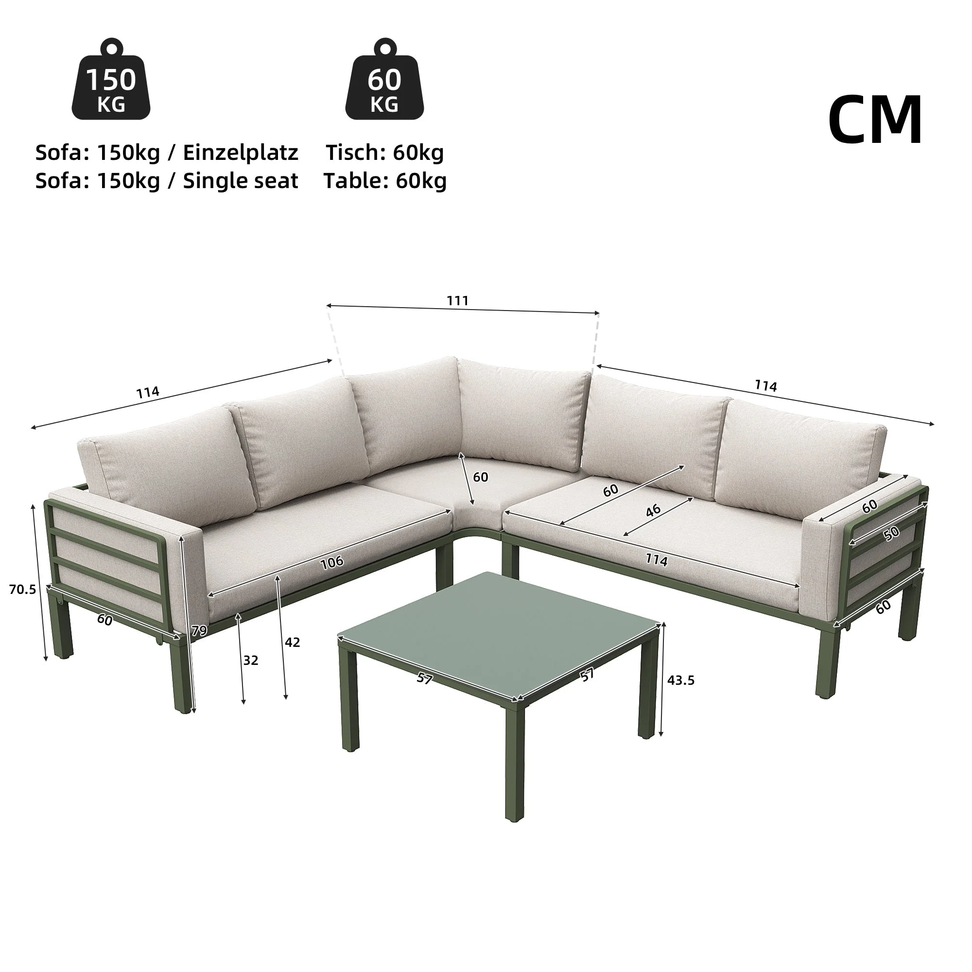 Garden Furniture Set 4-5 Seater with Tempered Glass Coffee Table Adjustable Legs - Green Iron/Beige Cushions - Image 5