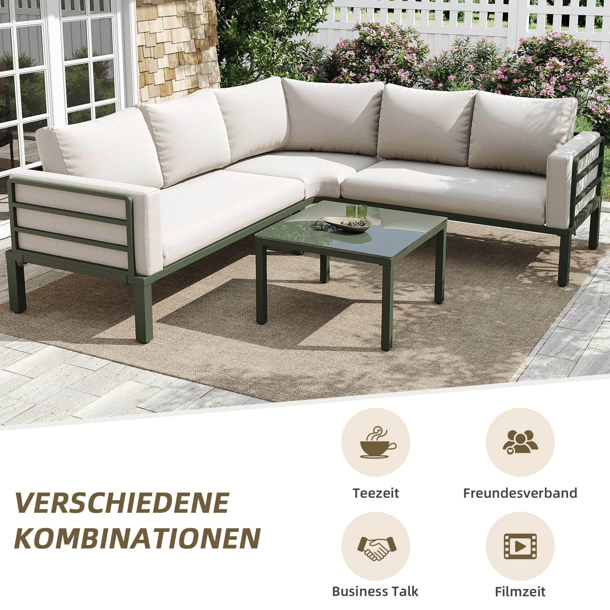 Garden Furniture Set 4-5 Seater with Tempered Glass Coffee Table Adjustable Legs - Green Iron/Beige Cushions - Image 6