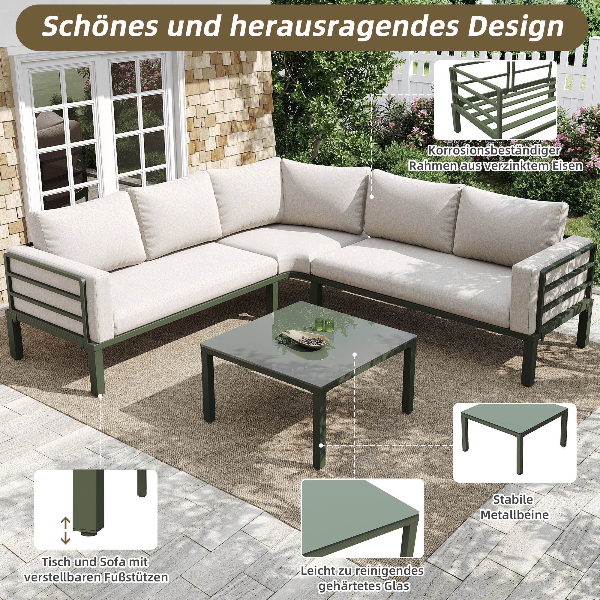Garden Furniture Set 4-5 Seater with Tempered Glass Coffee Table Adjustable Legs - Green Iron/Beige Cushions - Image 7