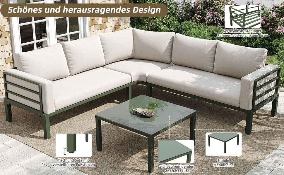 Garden Furniture Set 4-5 Seater with Tempered Glass Coffee Table Adjustable Legs - Green Iron/Beige Cushions - Image 9