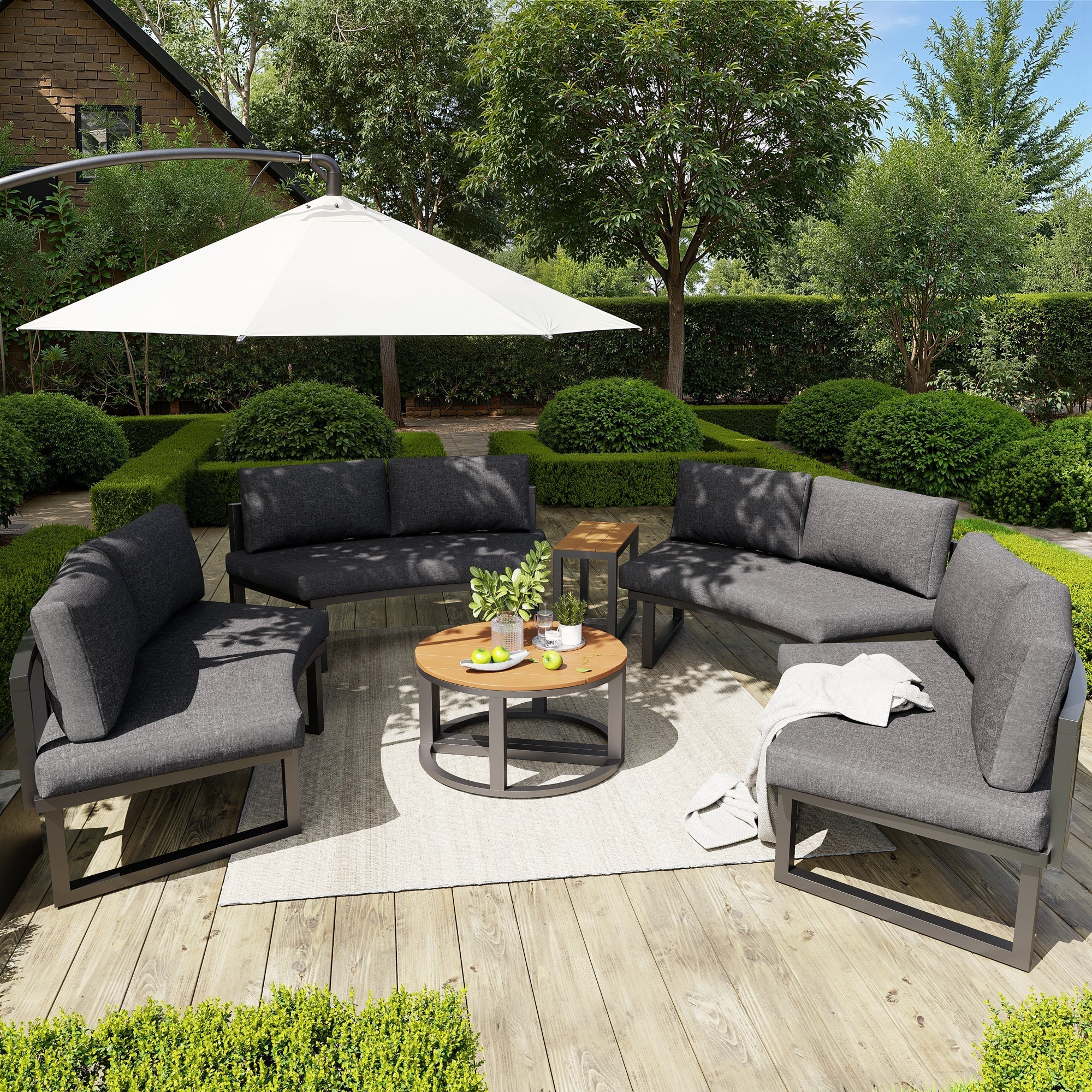 Garden Furniture Set, 4-6 Person Lounge with Round Sofa and Rocking Chair, Grey - Image 2