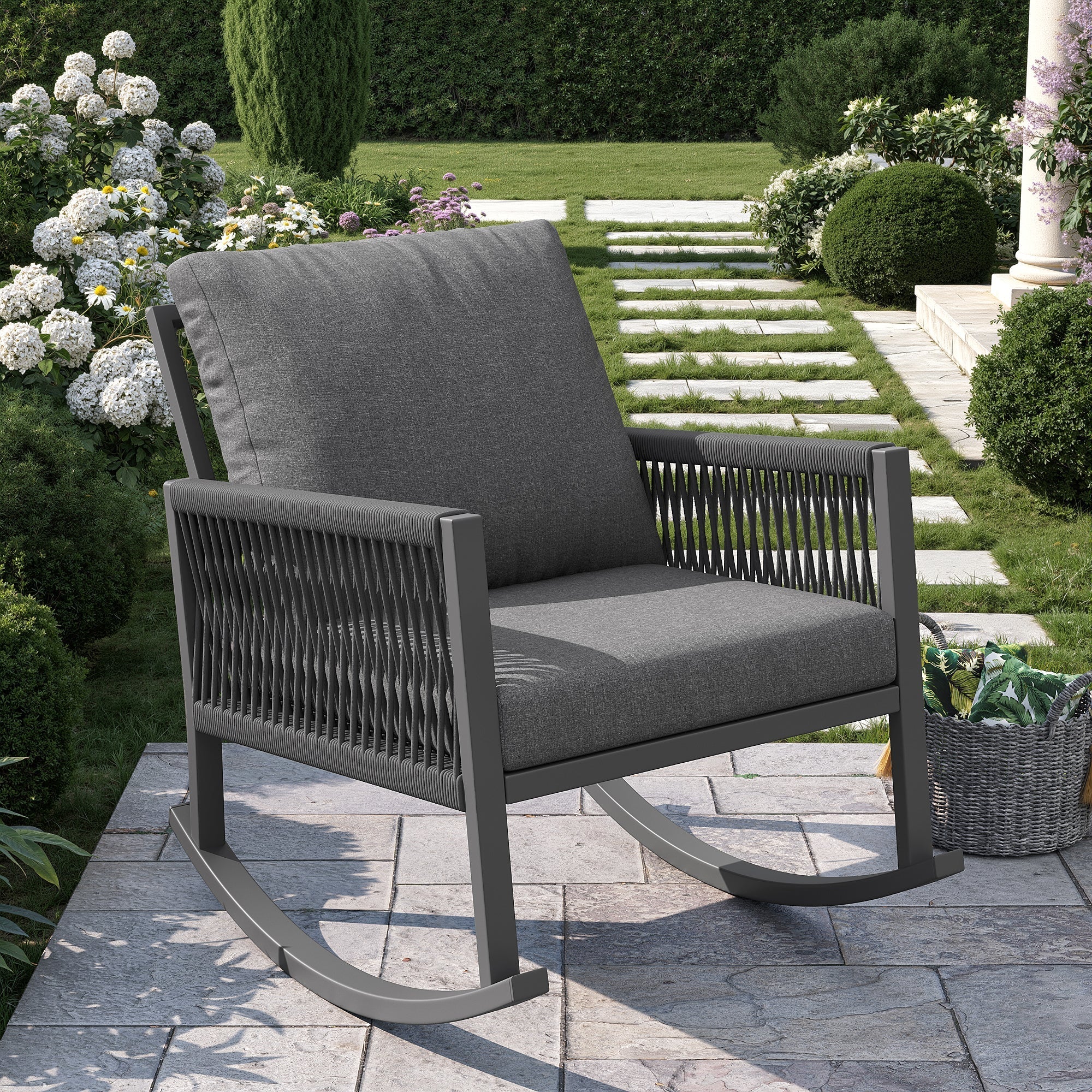 Garden Furniture Set, 4-6 Person Lounge with Round Sofa and Rocking Chair, Grey - Image 4
