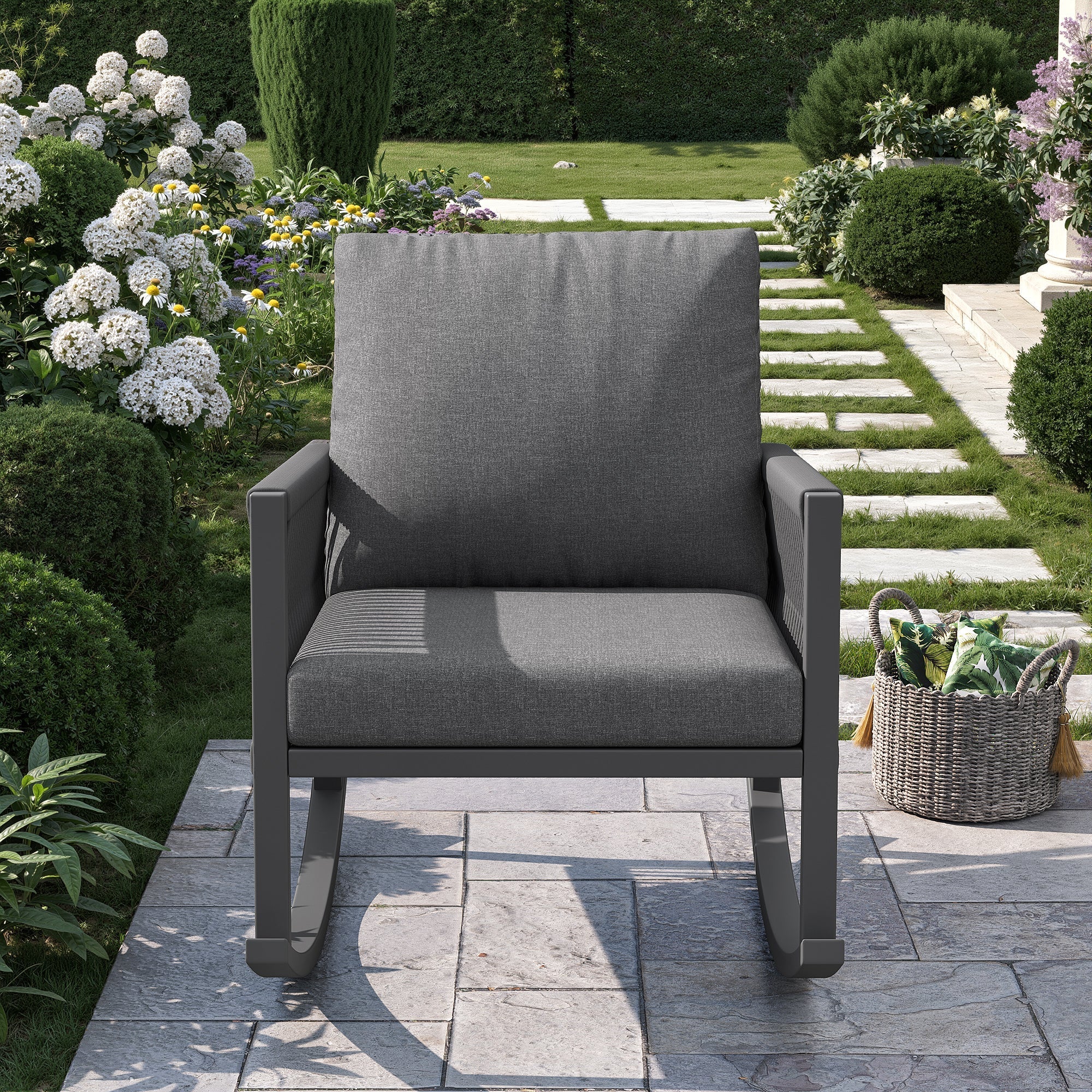 Garden Furniture Set, 4-6 Person Lounge with Round Sofa and Rocking Chair, Grey - Image 5