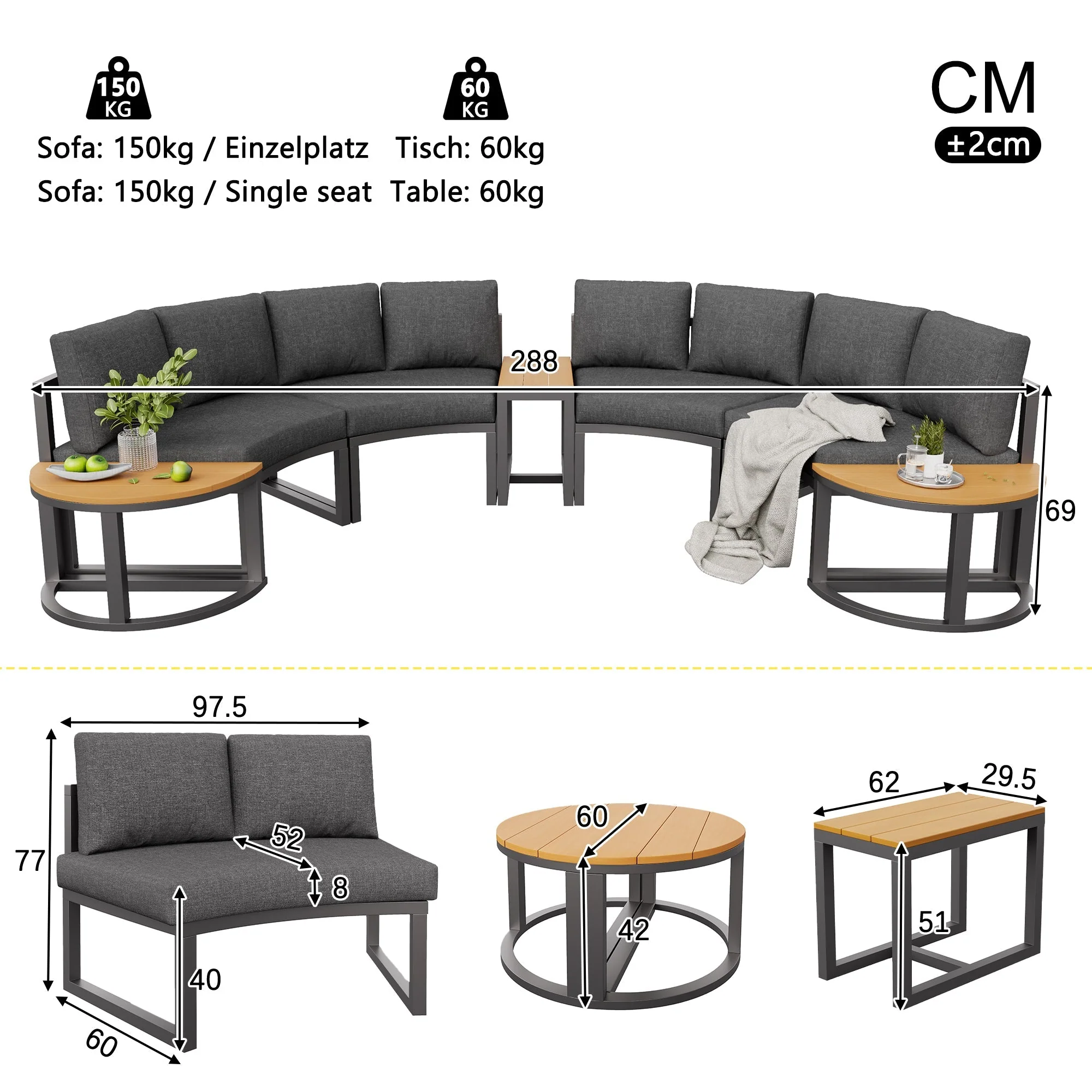 Garden Furniture Set, 4-6 Person Lounge with Round Sofa and Rocking Chair, Grey - Image 6