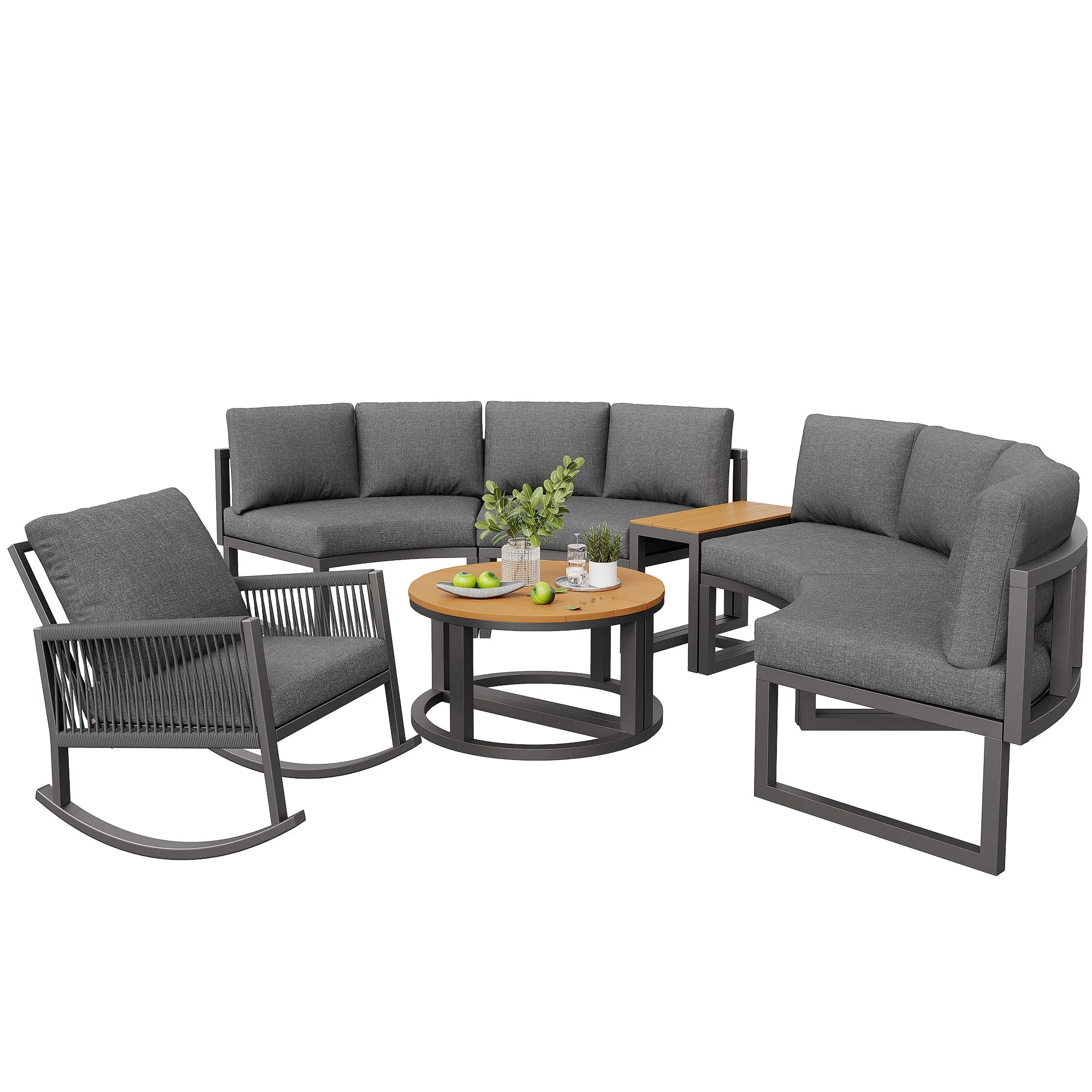 Garden Furniture Set, 4-6 Person Lounge with Round Sofa and Rocking Chair, Grey - Image 9