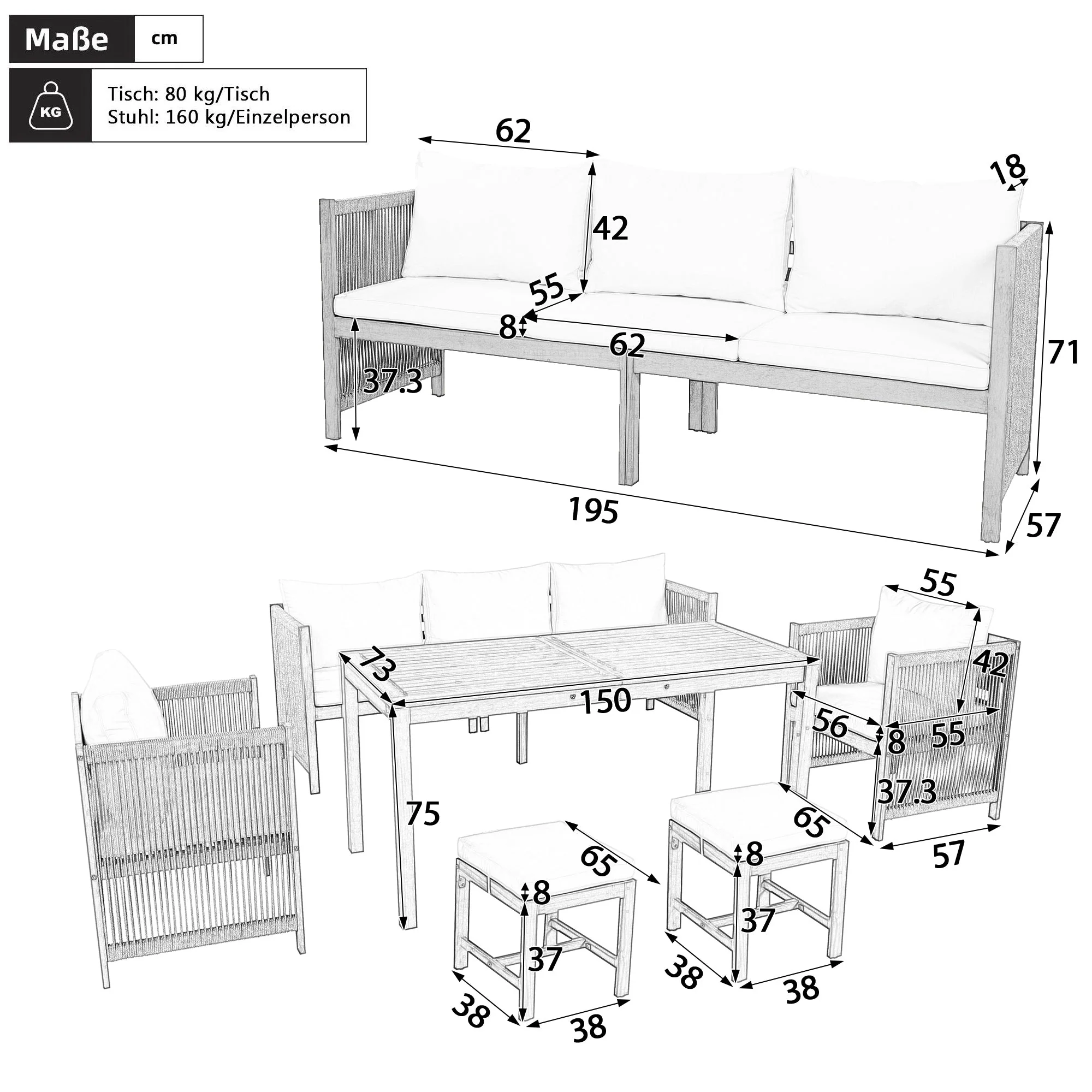 Garden Furniture Set, 6-Piece Modular Sectional with 3-Seater Sofa, 2 Chairs, 2 Stools and Acacia Table, Beige - Image 5