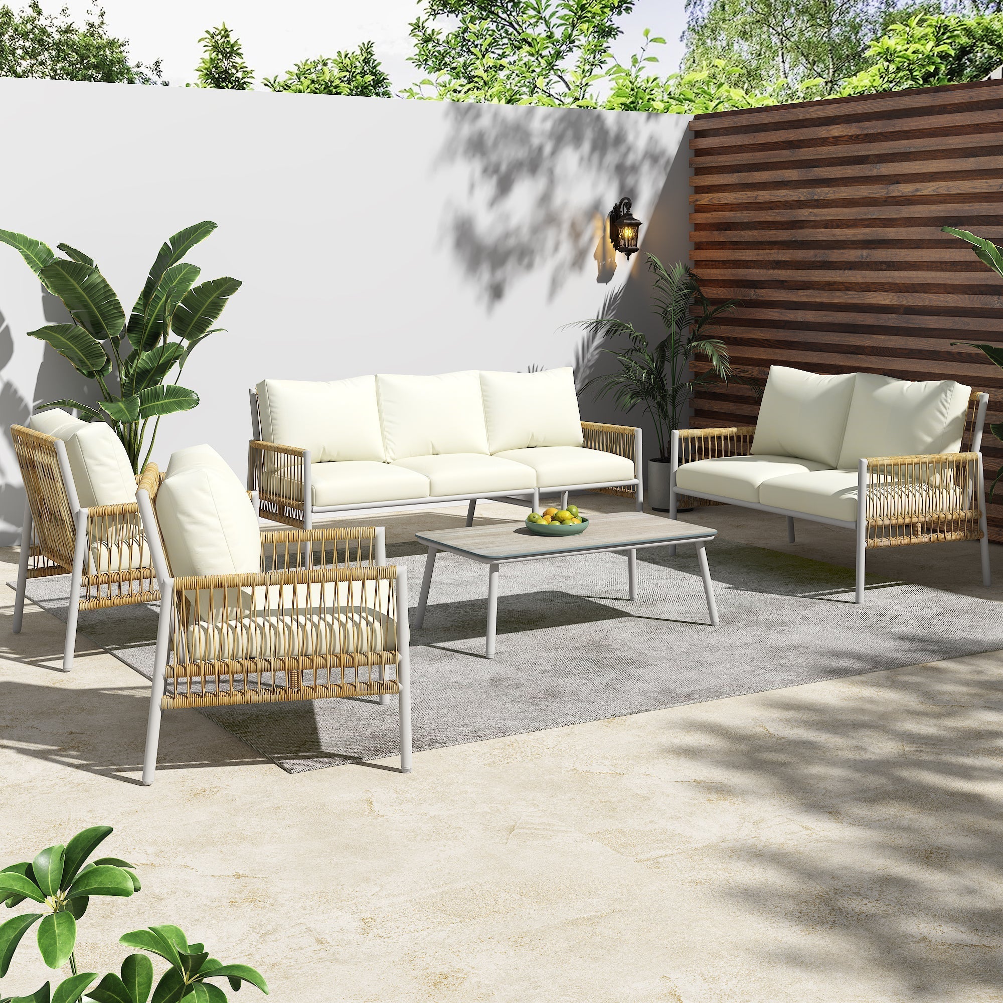 Garden Furniture Set 7-Seater Rattan Coffee Table Washable Cushions - Beige - Image 2