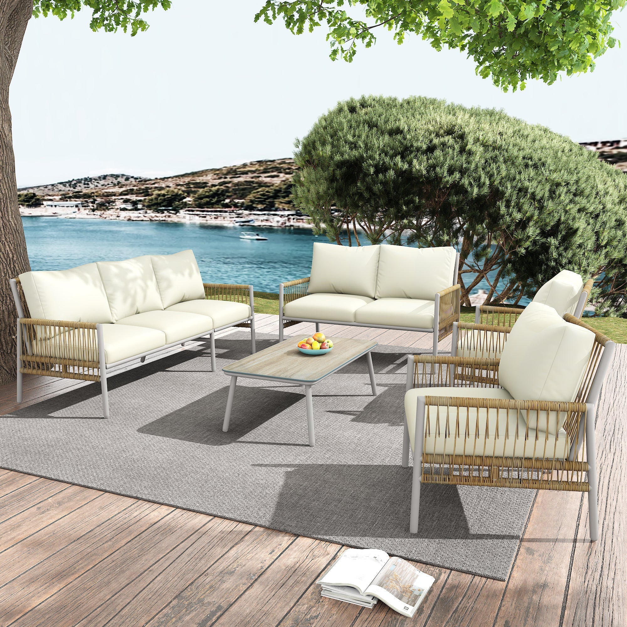 Garden Furniture Set 7-Seater Rattan Coffee Table Washable Cushions - Beige - Image 3