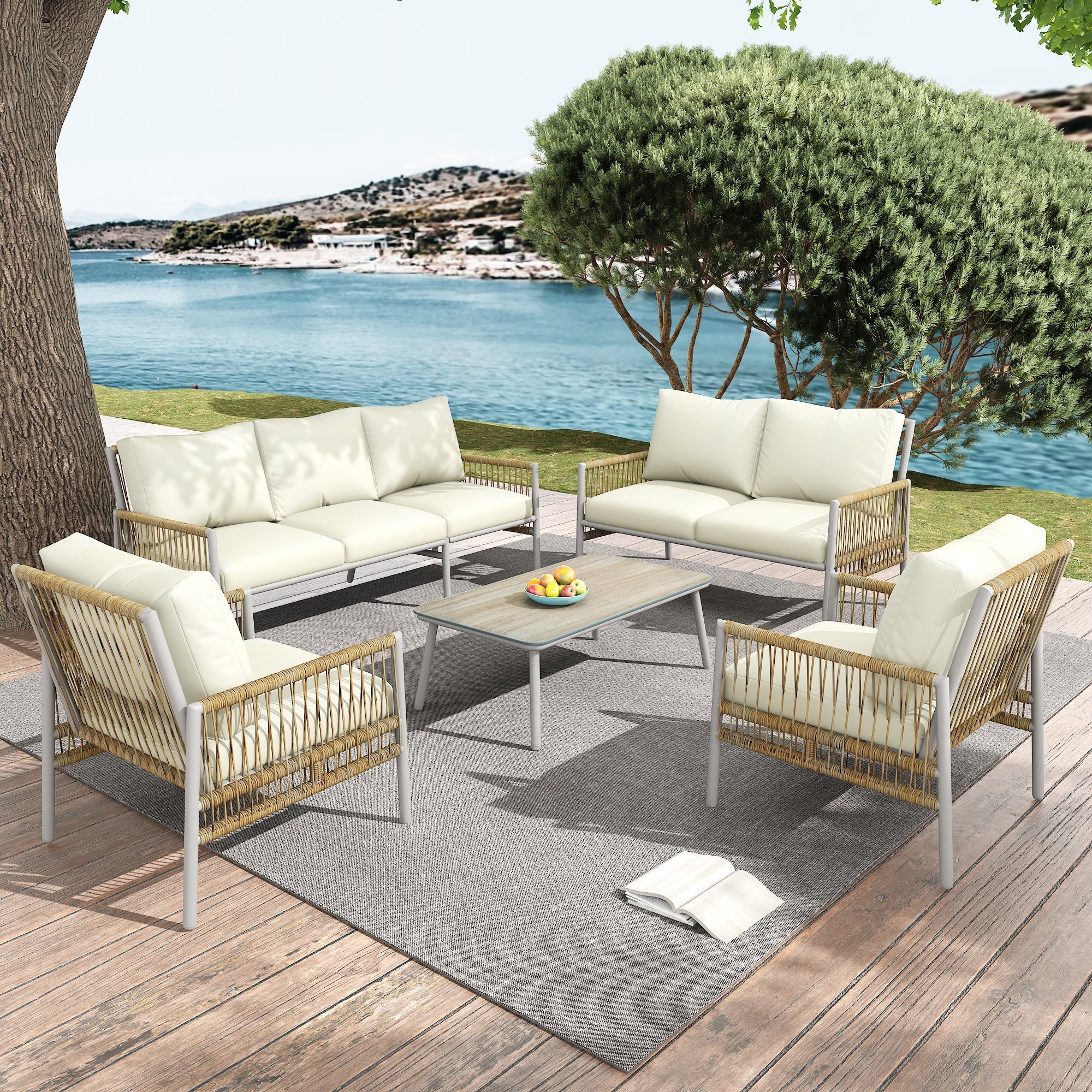 Garden Furniture Set 7-Seater Rattan Coffee Table Washable Cushions - Beige - Image 4