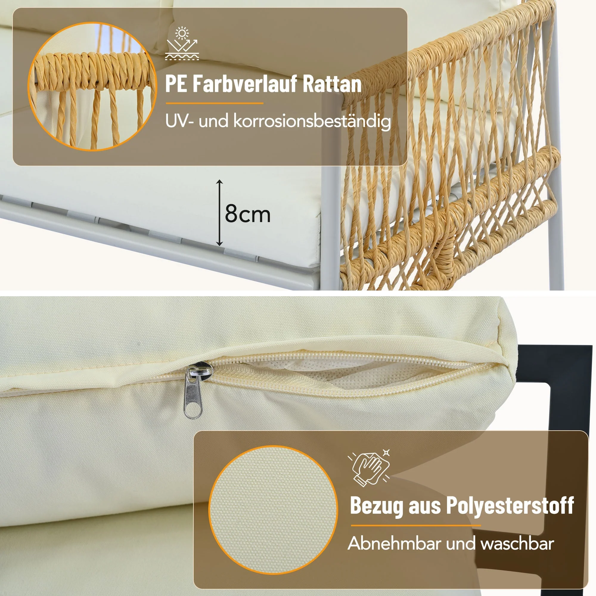 Garden Furniture Set 7-Seater Rattan Coffee Table Washable Cushions - Beige - Image 5