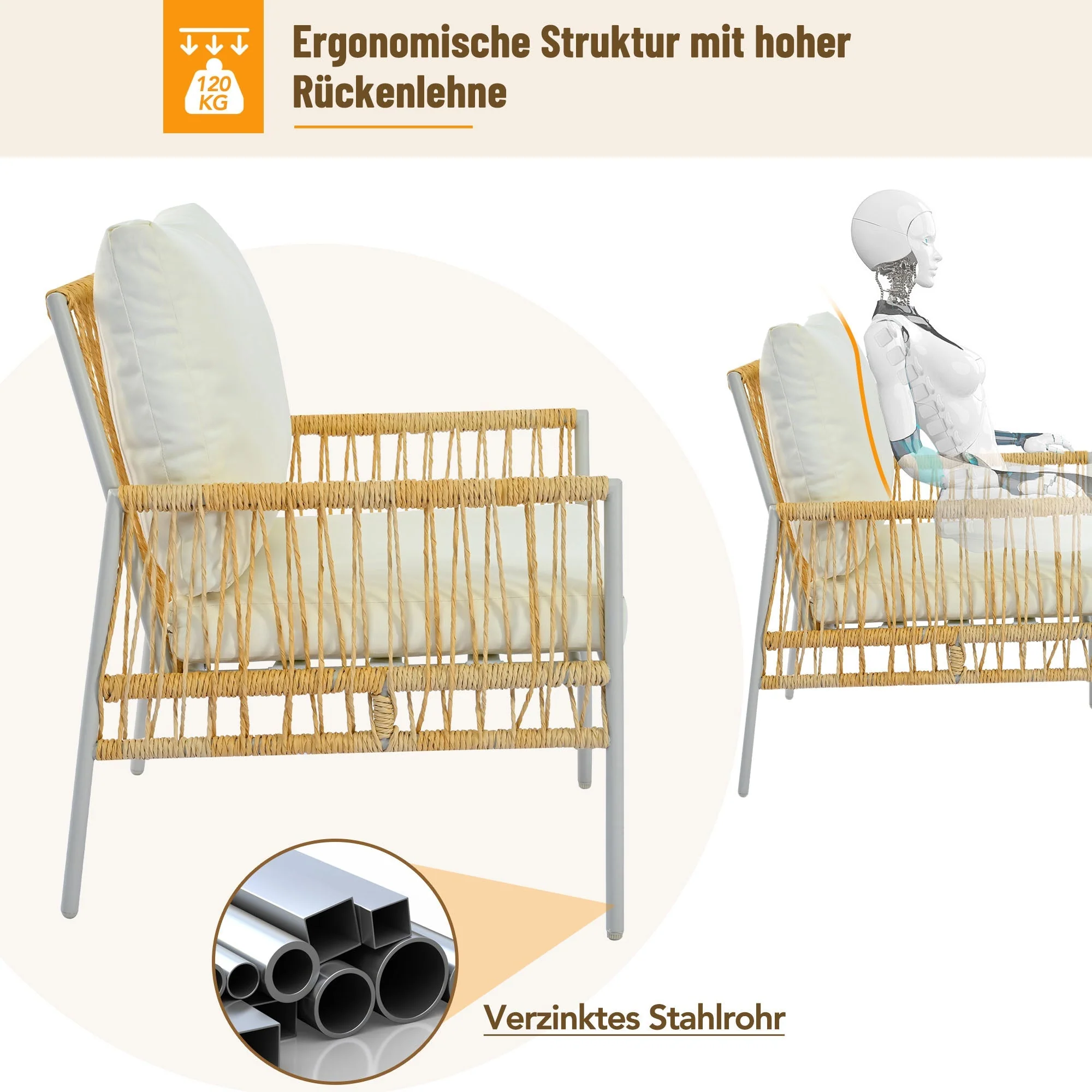 Garden Furniture Set 7-Seater Rattan Coffee Table Washable Cushions - Beige - Image 6