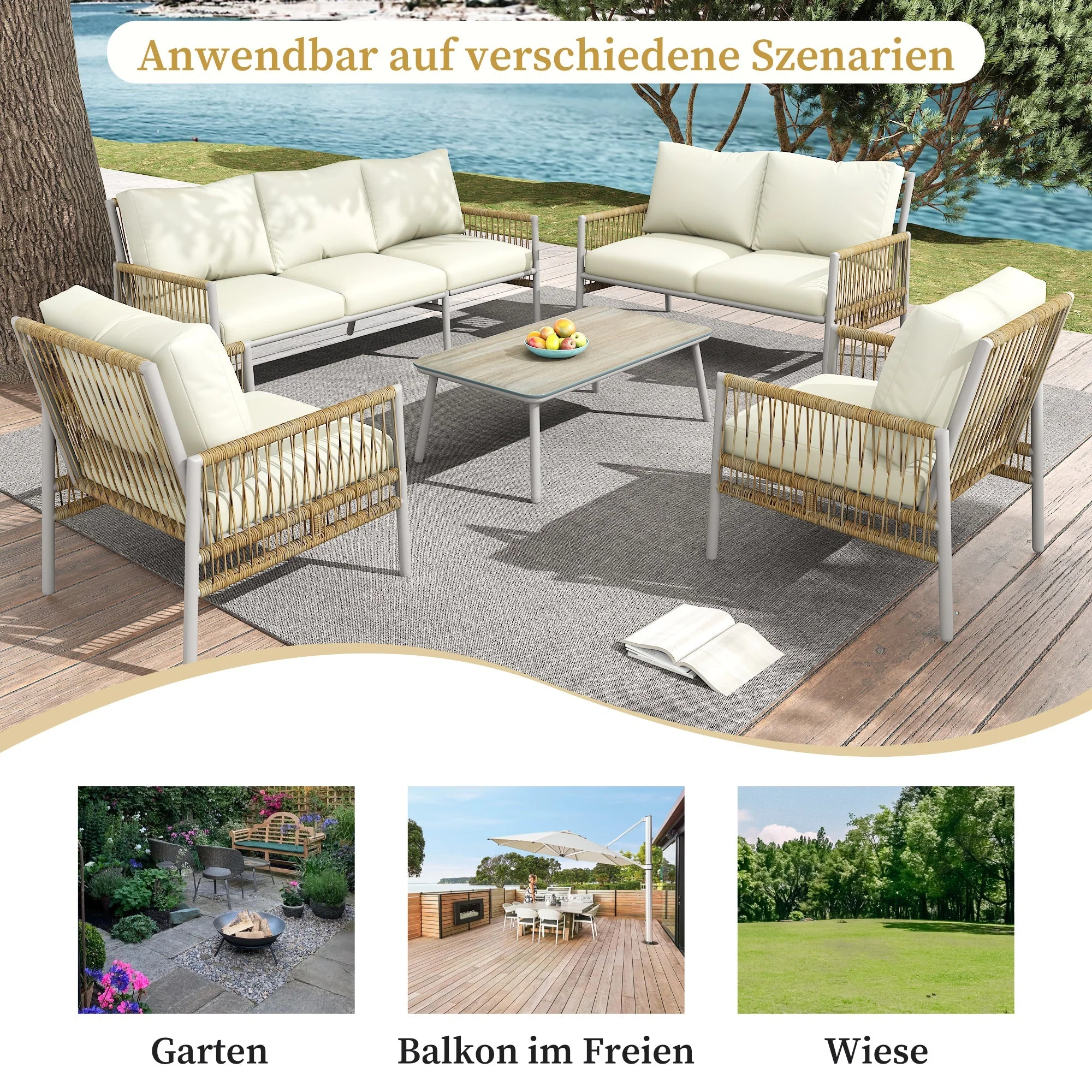 Garden Furniture Set 7-Seater Rattan Coffee Table Washable Cushions - Beige - Image 8