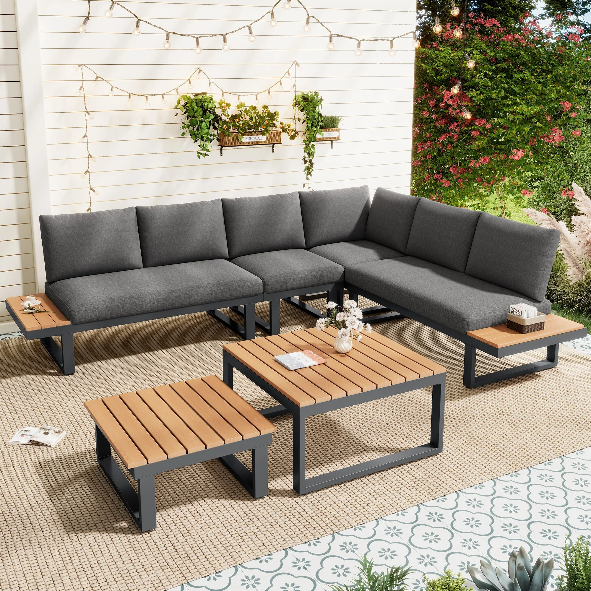 Garden Furniture Set Corner Adjustable Tilt 2 Coffee Tables - Grey/Black - Image 2