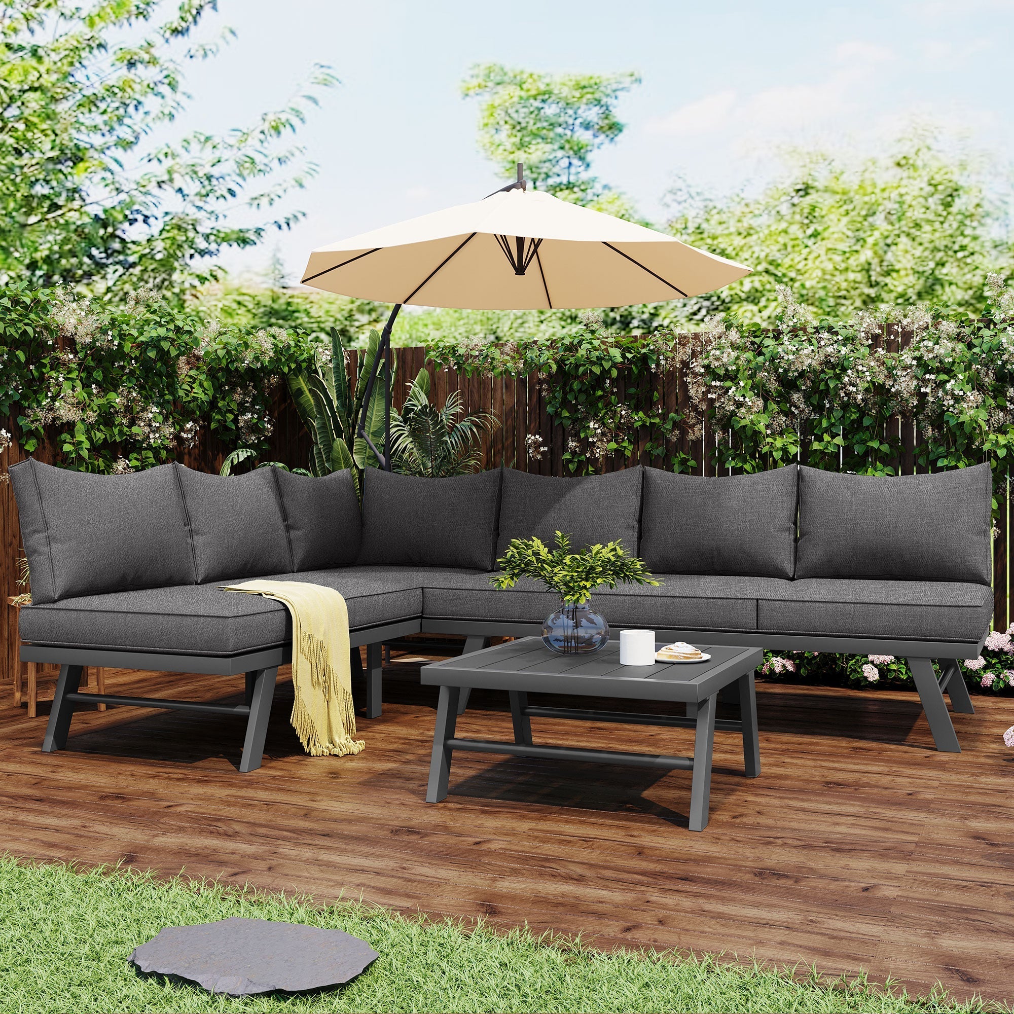 Garden furniture set lounge chair set 5-6 people 2 3-seater sofas 1 table with 7 gray cushions dark gray galvanized iron - Image 2
