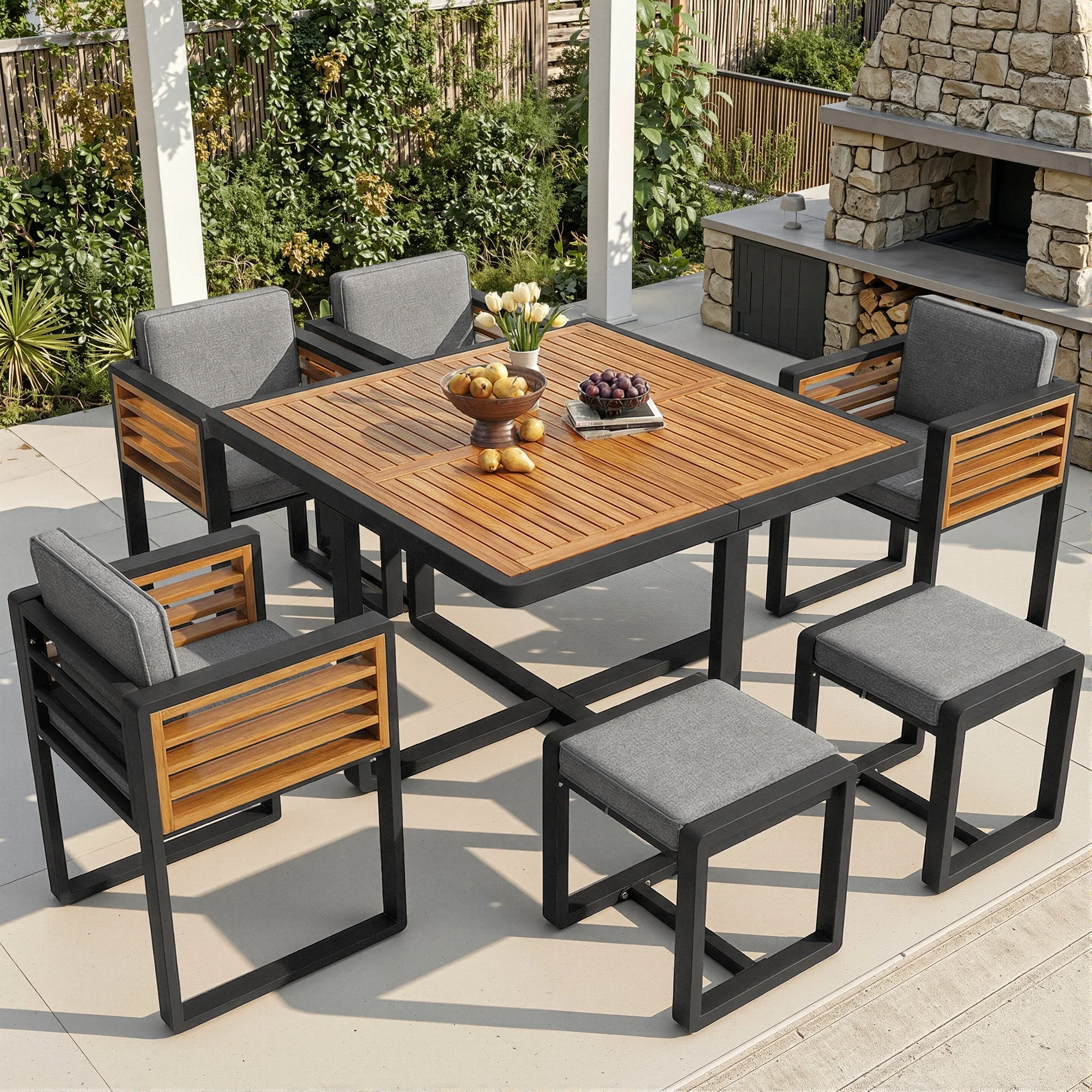 Garden Furniture Set, Lounge Seating Group with 6 Chairs and Table, Solid Wood Tabletop - Image 2