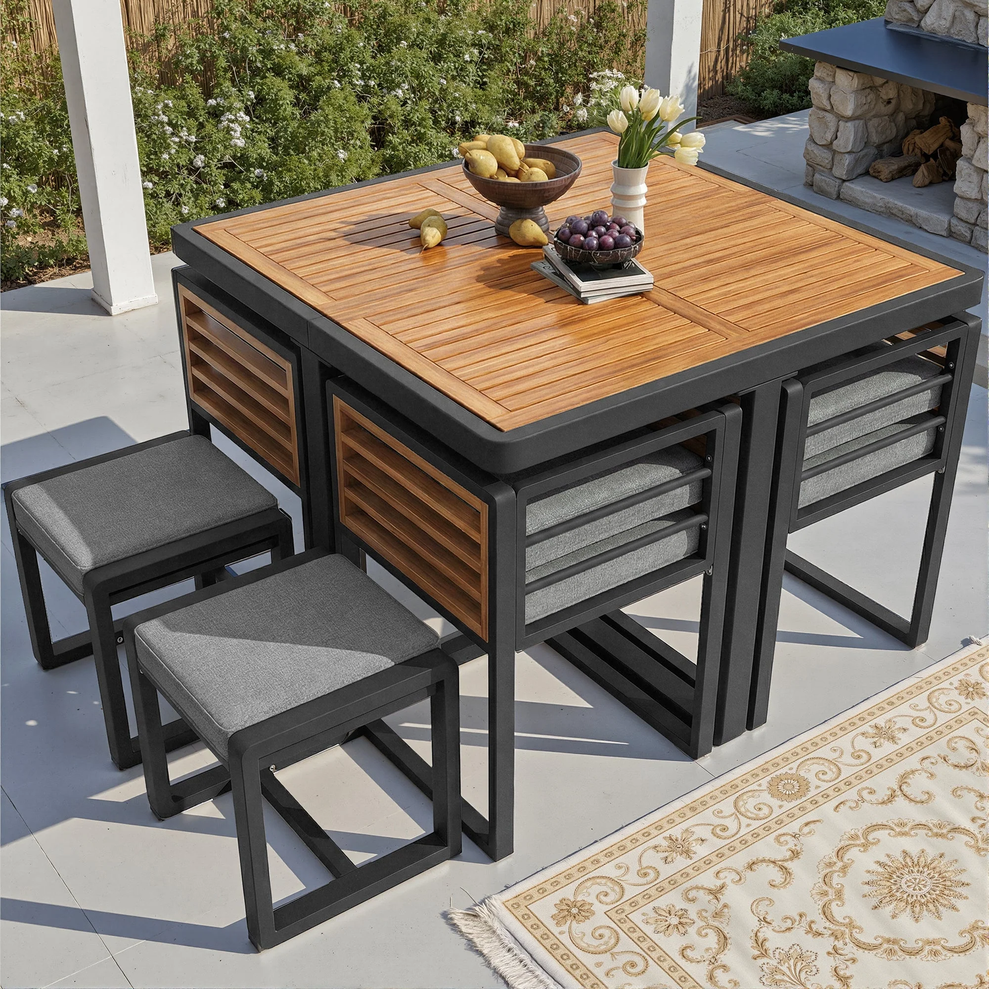 Garden Furniture Set, Lounge Seating Group with 6 Chairs and Table, Solid Wood Tabletop - Image 6