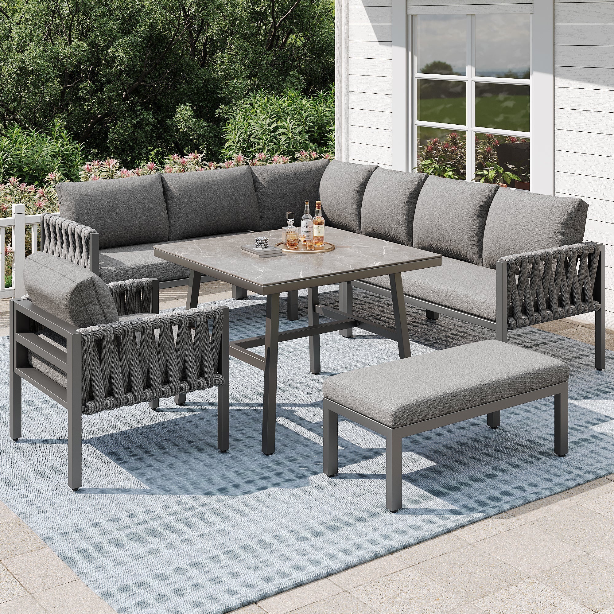 Garden Furniture Set Rope Corner Sofa Adjustable Legs Tempered Glass - Grey - Image 4