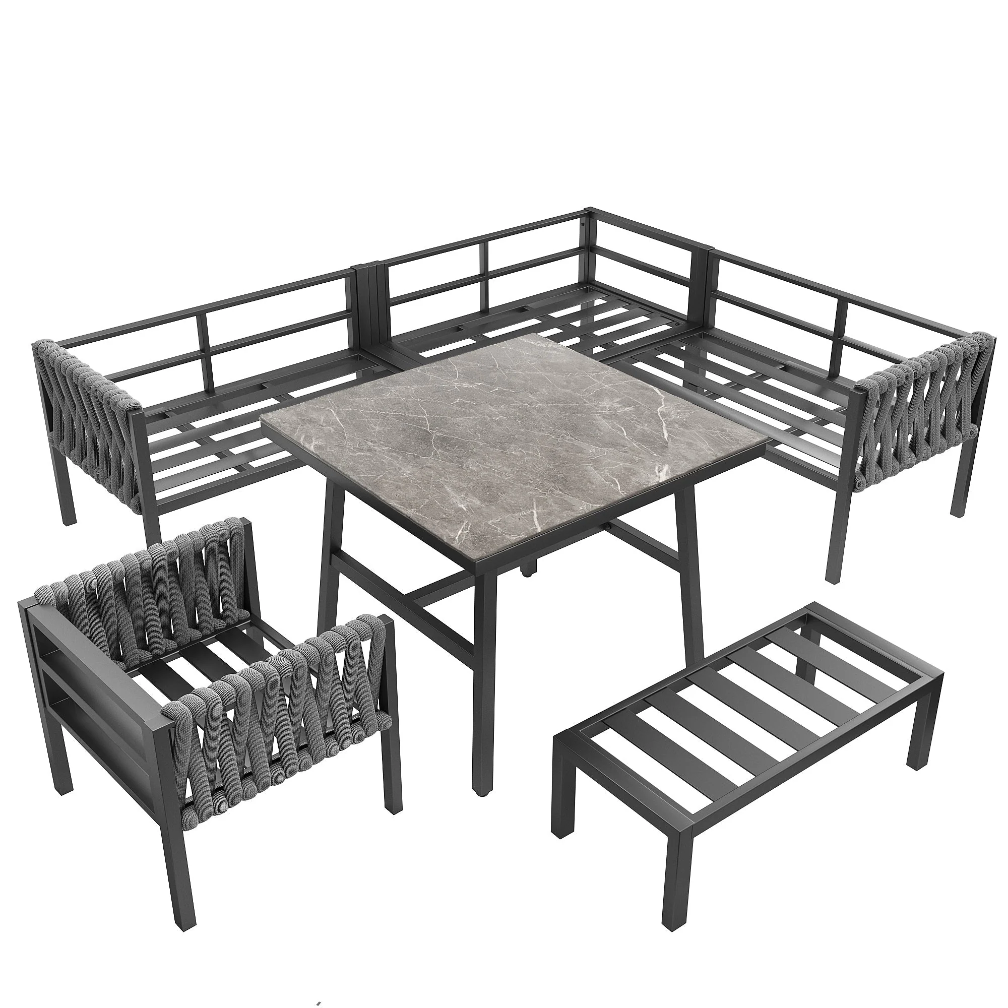 Garden Furniture Set Rope Corner Sofa Adjustable Legs Tempered Glass - Grey - Image 8