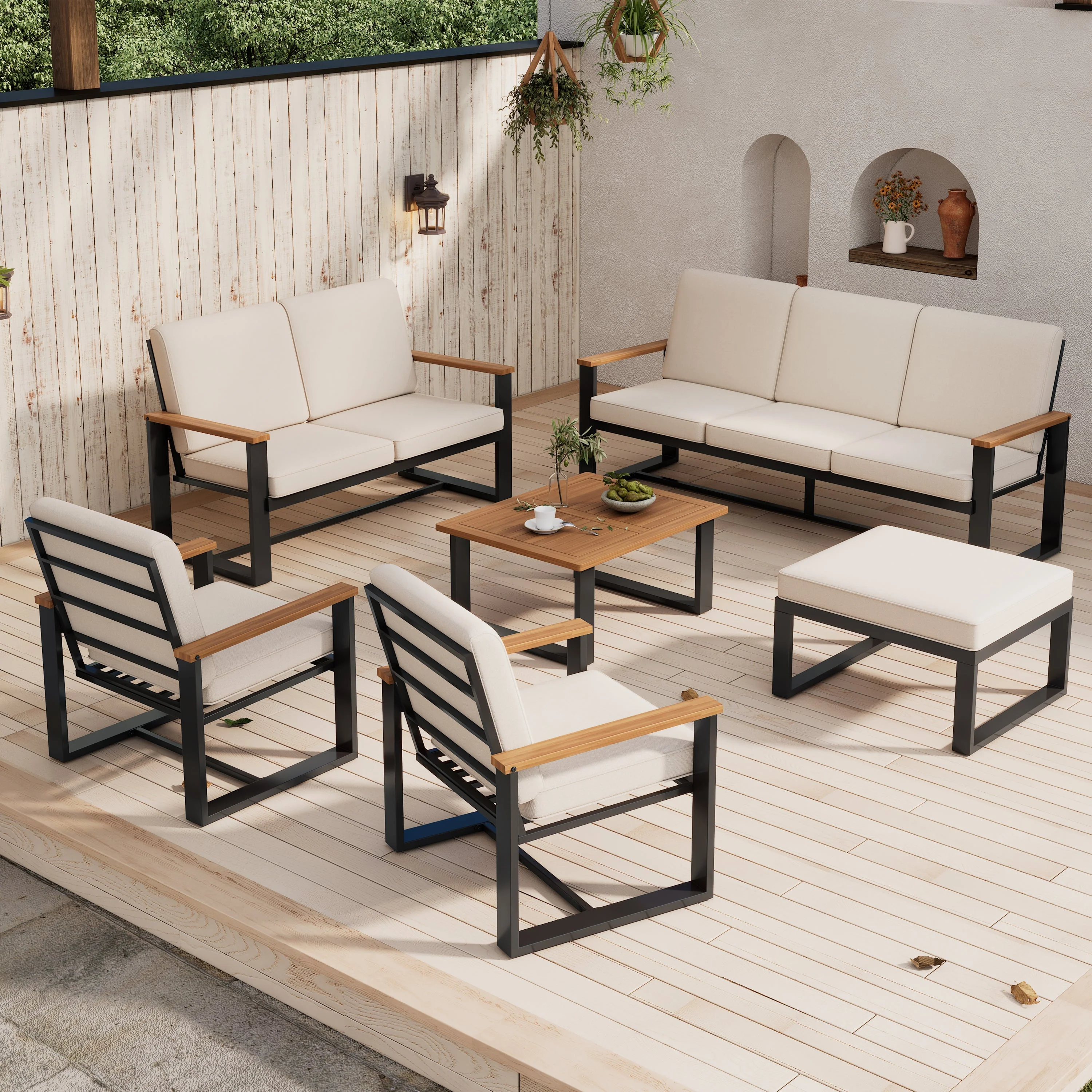 Garden Furniture Set with 1 3-Seater Sofa, 1 2-Seater Sofa, 2 1-Seater Sofas, Coffee Table and Footstool, Beige Galvanized Steel and Acacia Wood