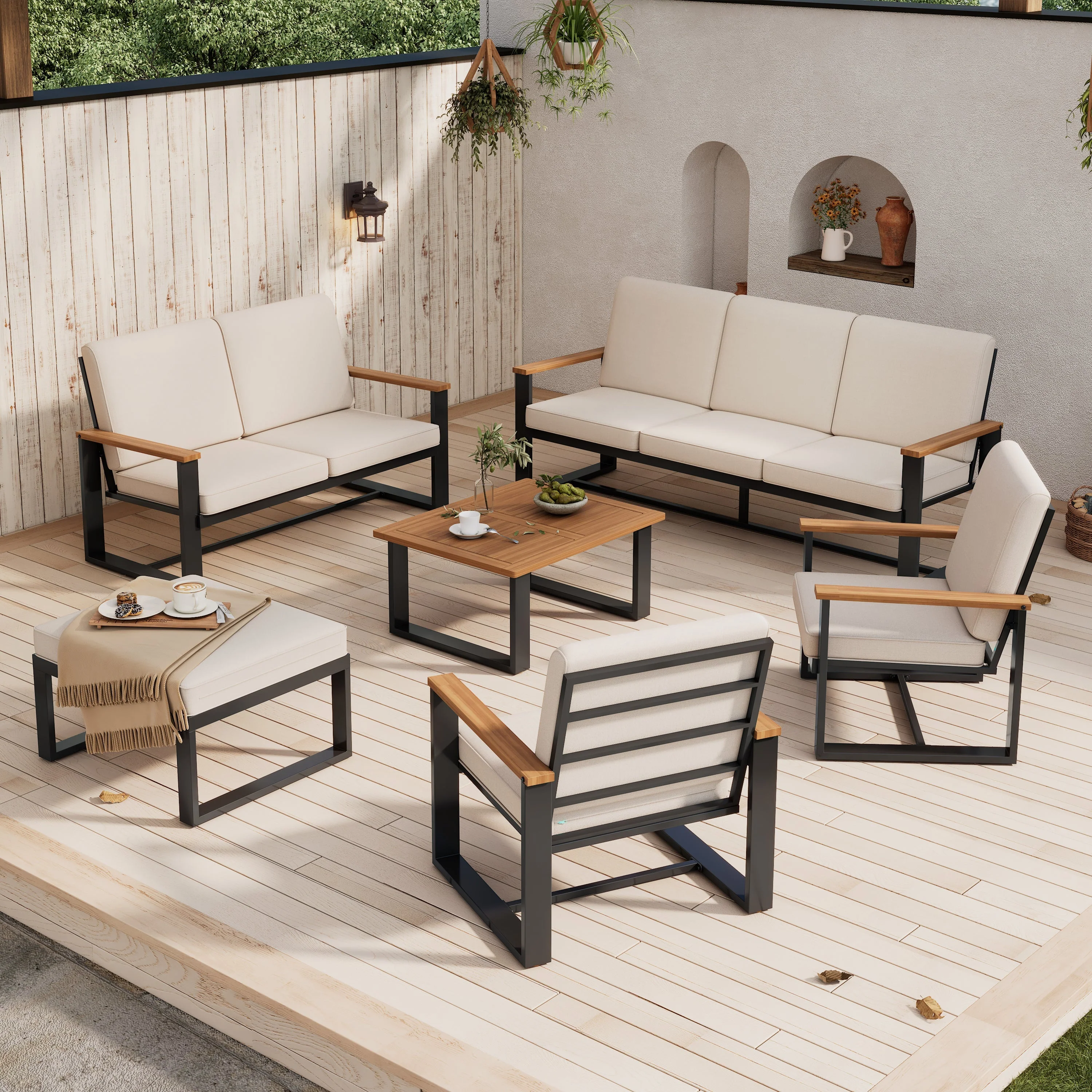Garden Furniture Set with 1 3-Seater Sofa, 1 2-Seater Sofa, 2 1-Seater Sofas, Coffee Table and Footstool, Beige Galvanized Steel and Acacia Wood - Image 2