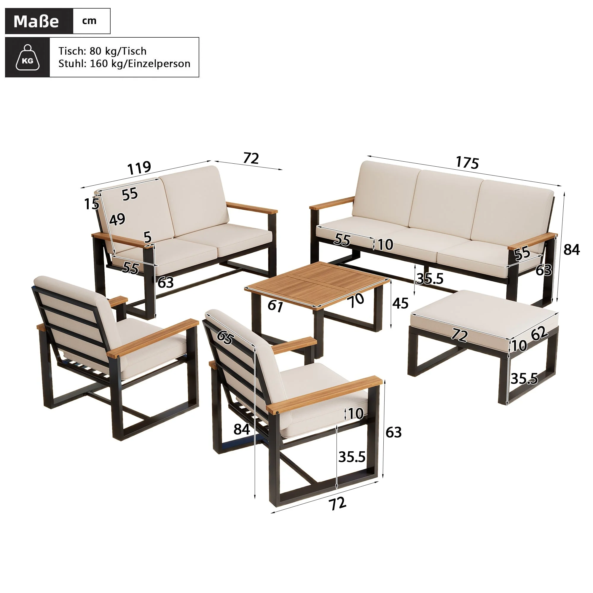 Garden Furniture Set with 1 3-Seater Sofa, 1 2-Seater Sofa, 2 1-Seater Sofas, Coffee Table and Footstool, Beige Galvanized Steel and Acacia Wood - Image 3