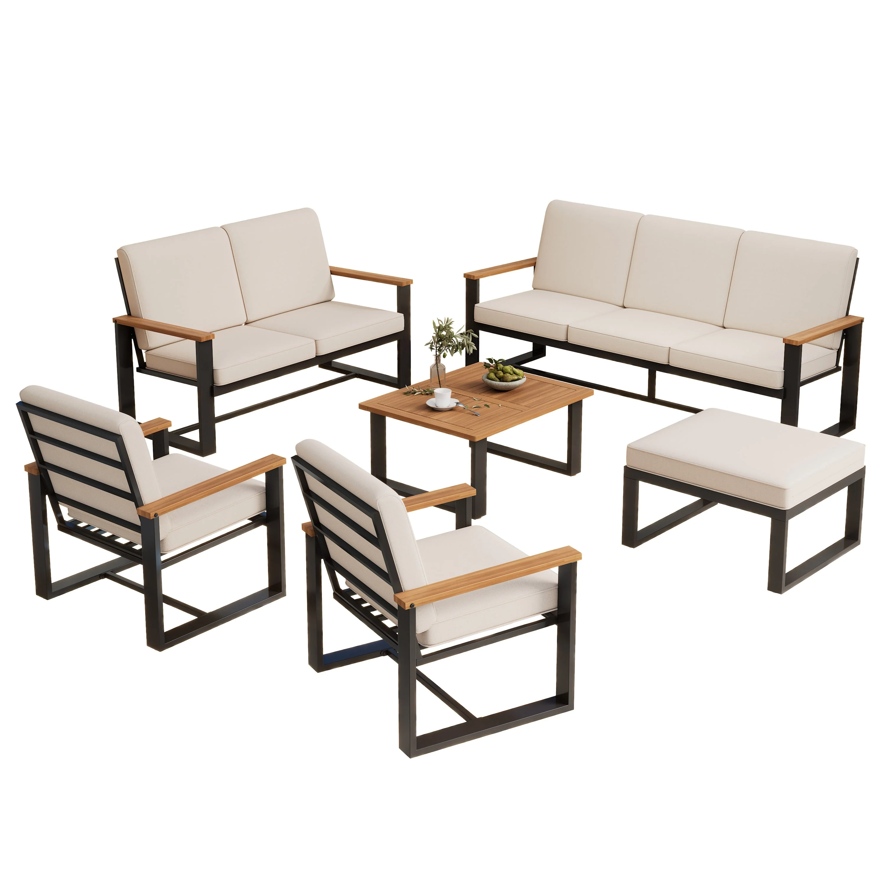 Garden Furniture Set with 1 3-Seater Sofa, 1 2-Seater Sofa, 2 1-Seater Sofas, Coffee Table and Footstool, Beige Galvanized Steel and Acacia Wood - Image 7
