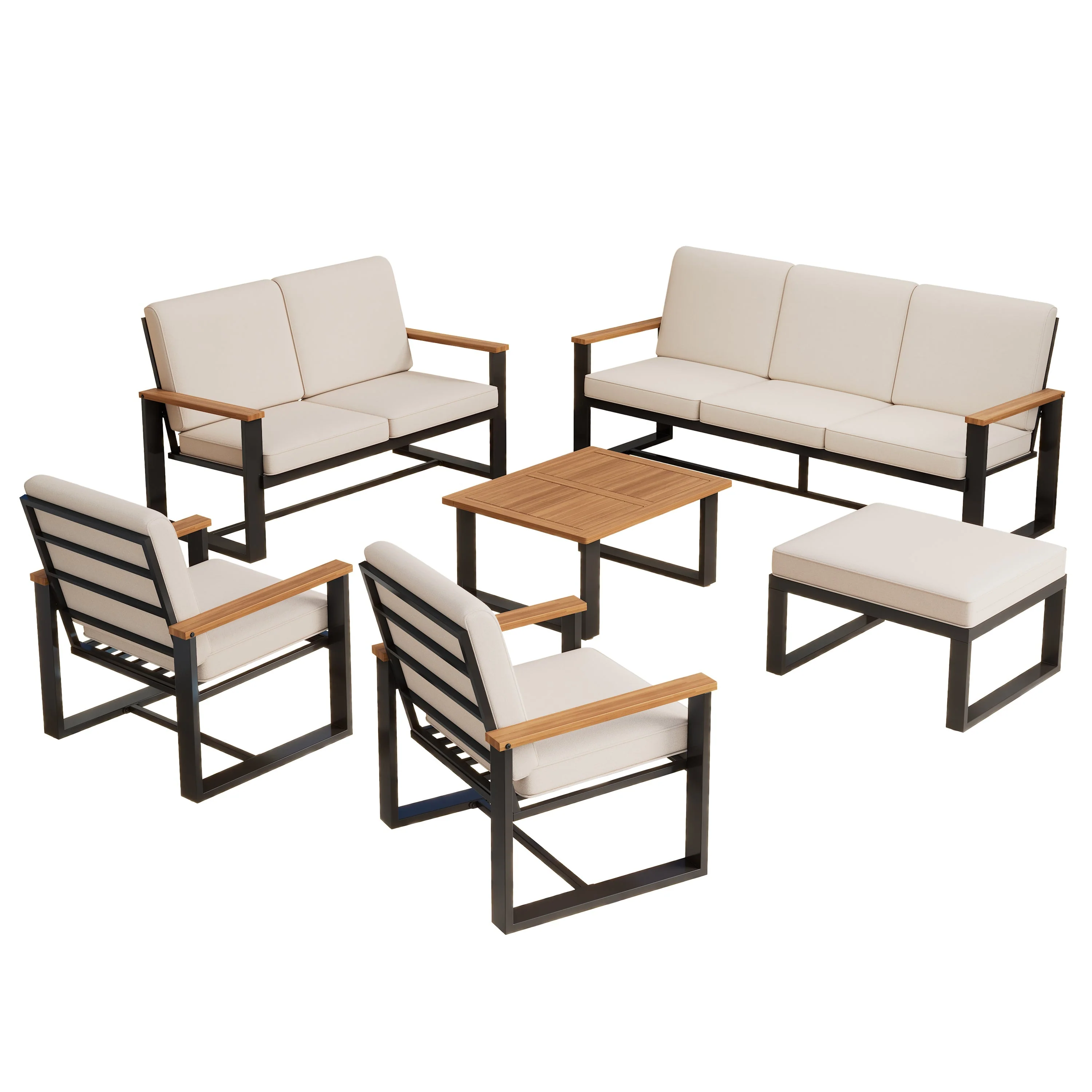 Garden Furniture Set with 1 3-Seater Sofa, 1 2-Seater Sofa, 2 1-Seater Sofas, Coffee Table and Footstool, Beige Galvanized Steel and Acacia Wood - Image 8