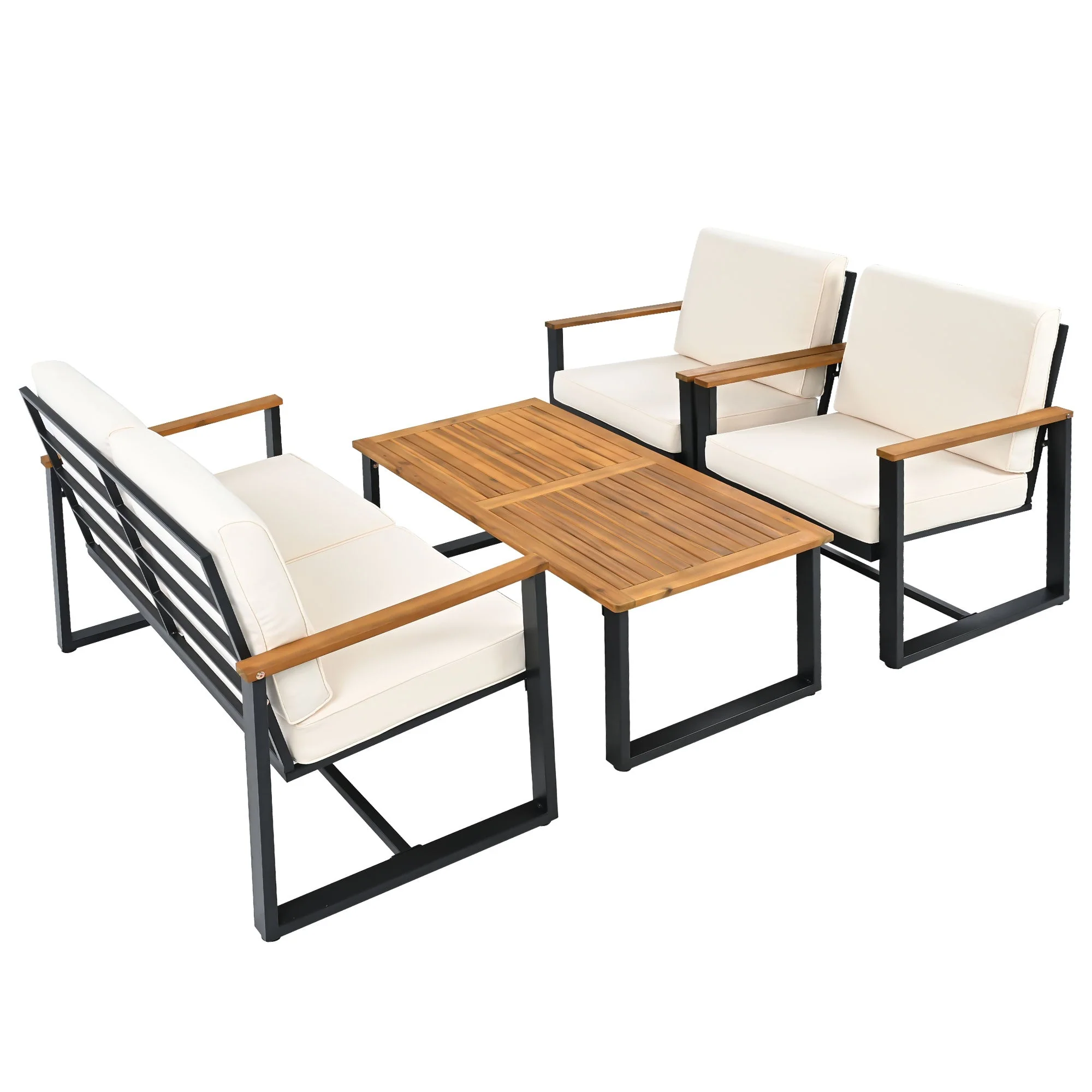 Garden Furniture Set with 1 3-Seater Sofa, 1 2-Seater Sofa, 2 1-Seater Sofas, Coffee Table and Footstool, Beige Galvanized Steel and Acacia Wood - Image 9