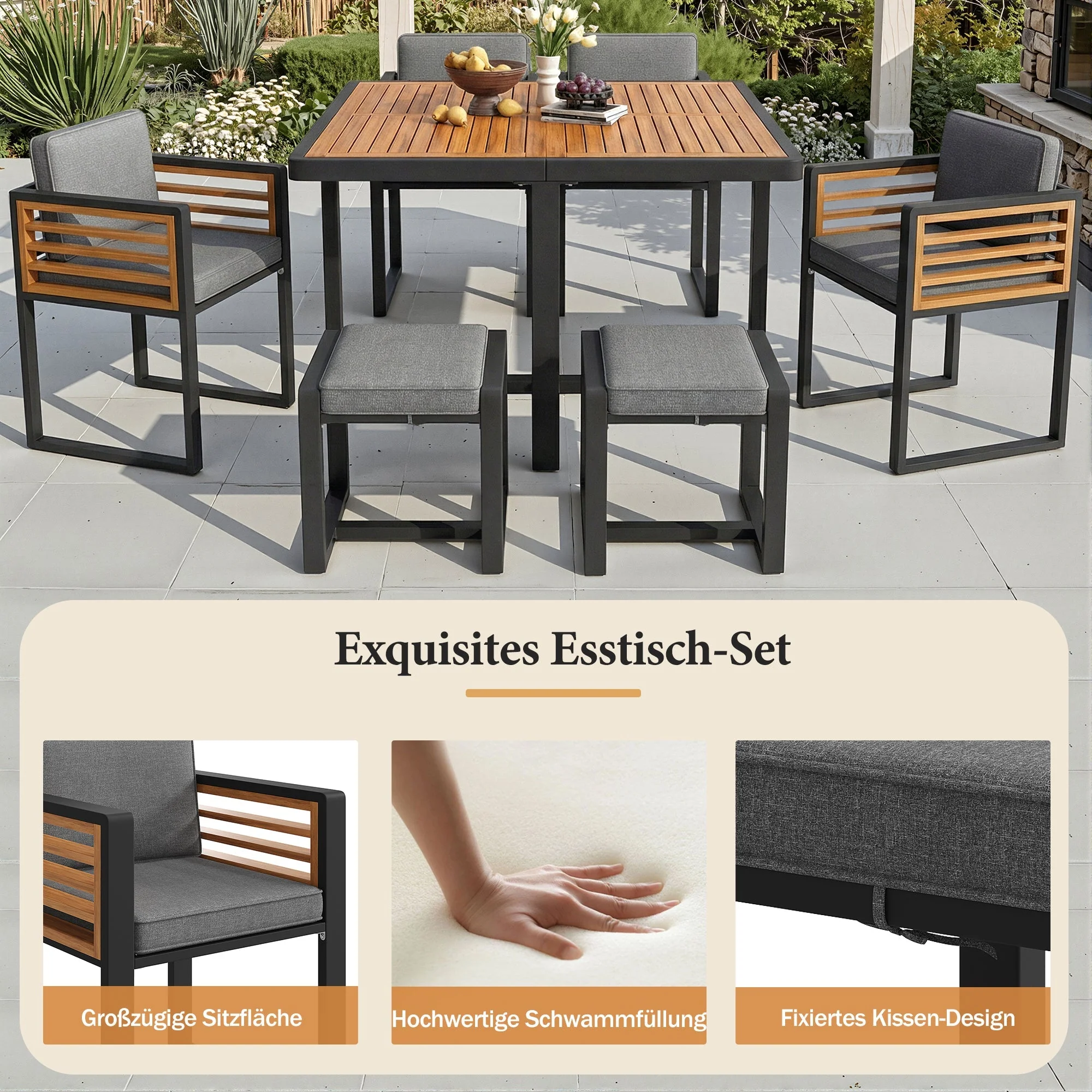 Garden Furniture Set with 12 Chairs and Dining Table, Solid Wood Tabletop - Image 5