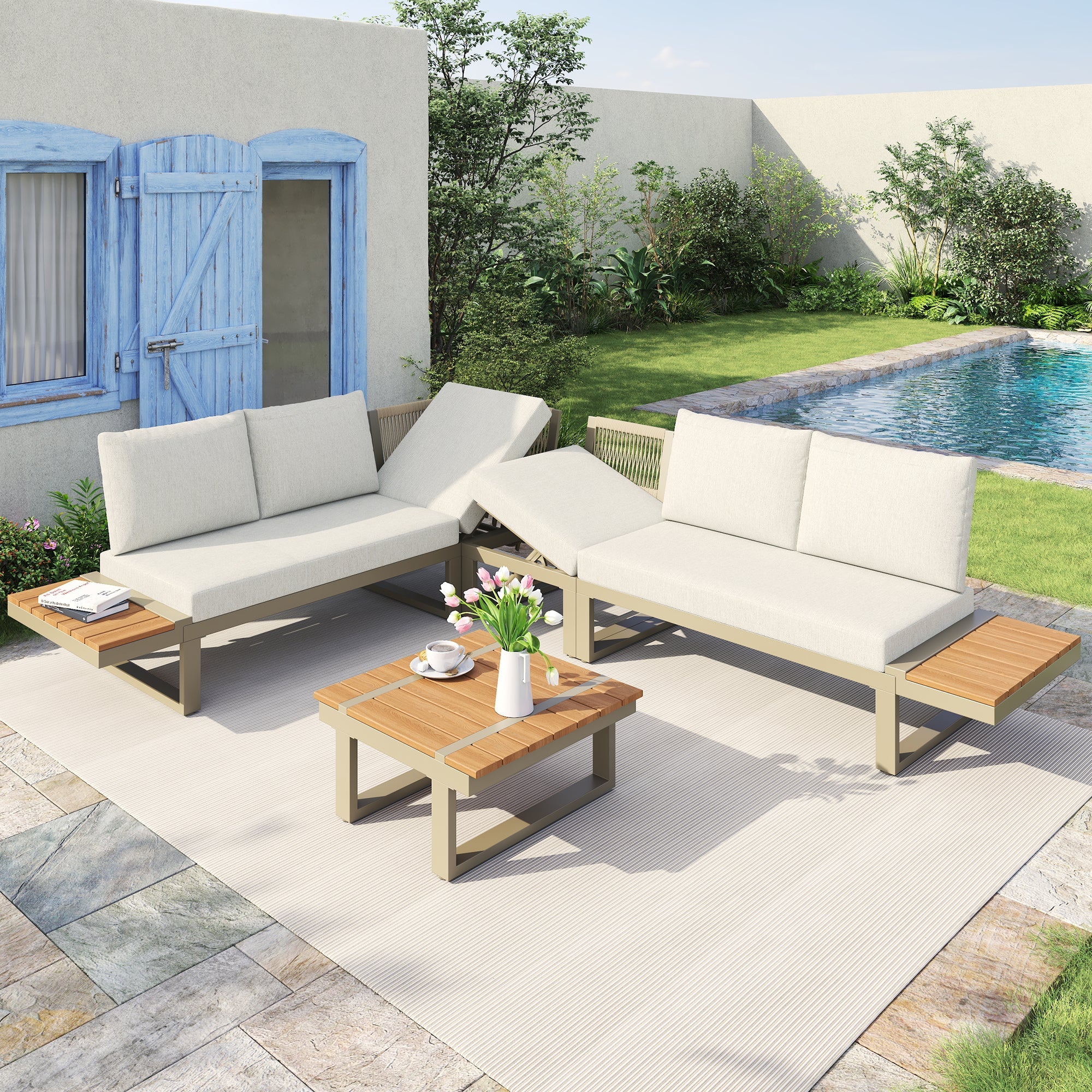 Garden Furniture Set with 2 Convertible Reclining Beds and Coffee Table, Beige