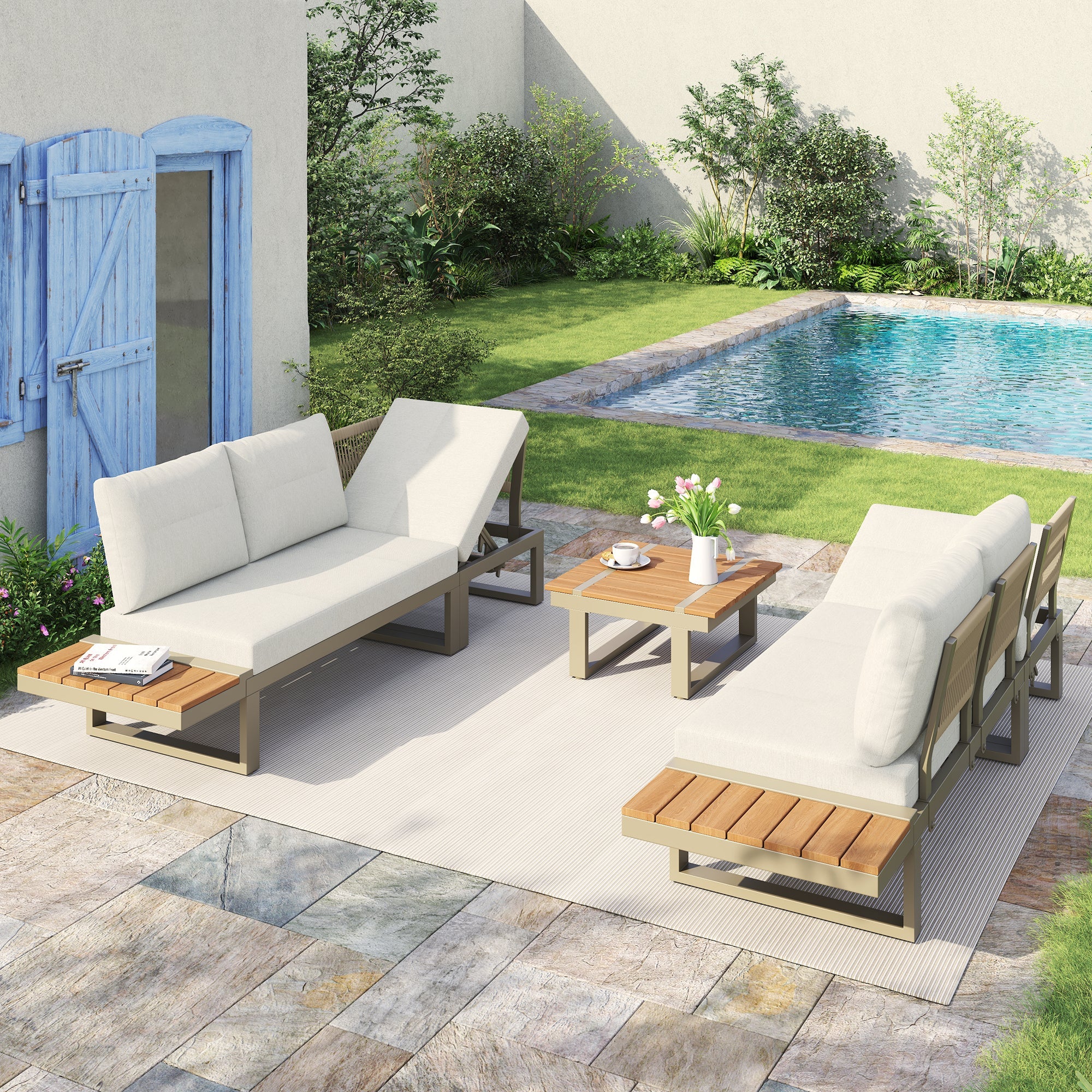 Garden Furniture Set with 2 Convertible Reclining Beds and Coffee Table, Beige - Image 3