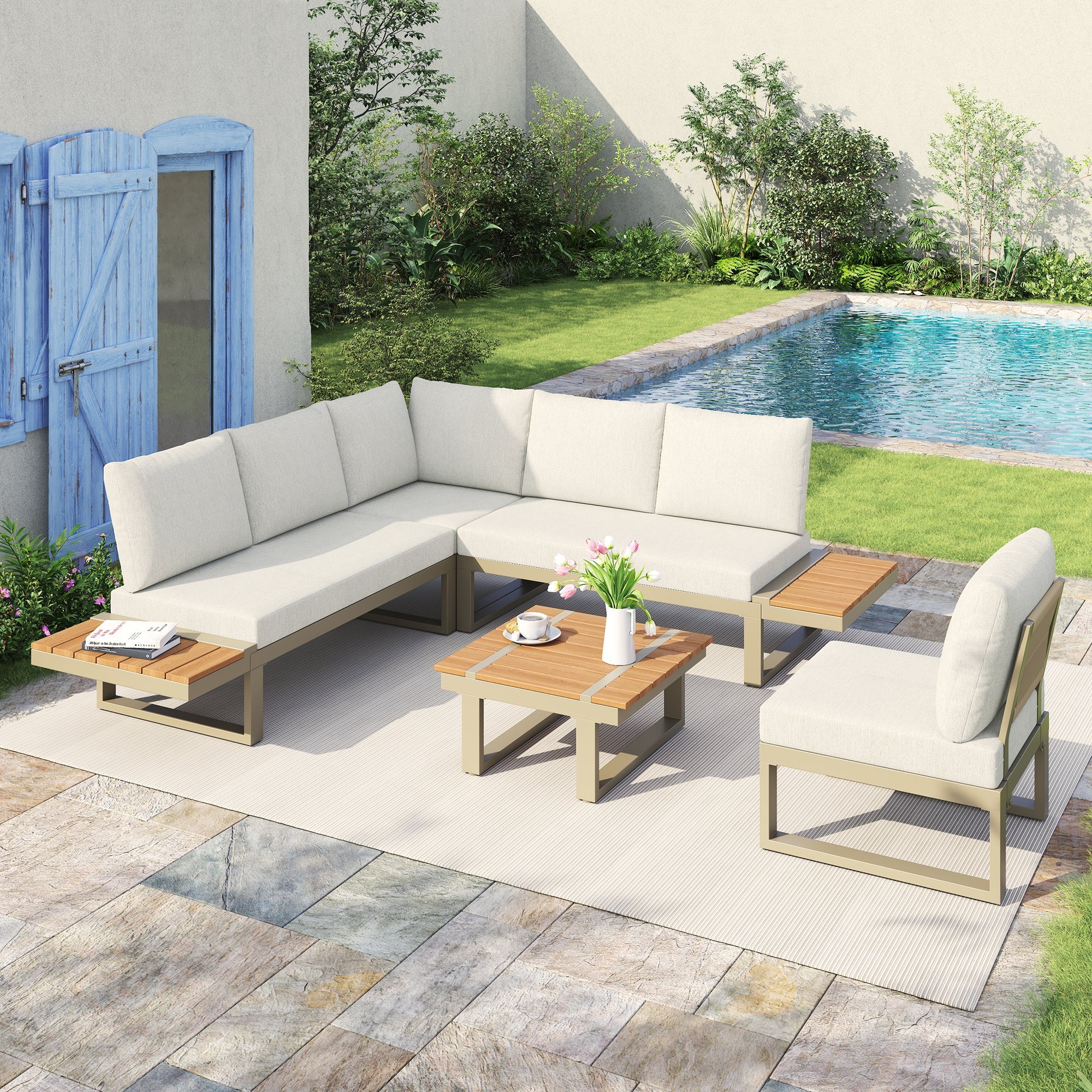 Garden Furniture Set with 2 Convertible Reclining Beds and Coffee Table, Beige - Image 4